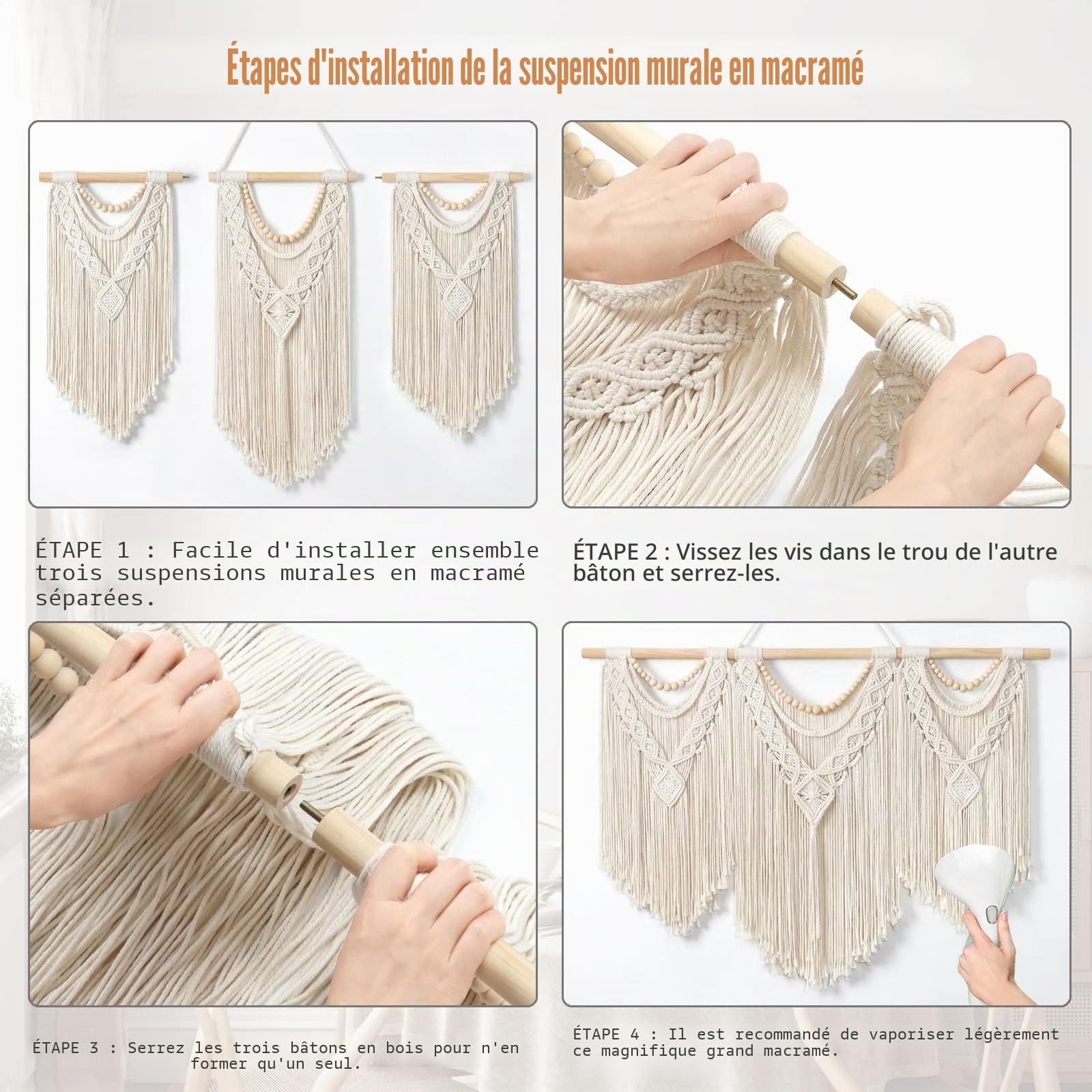 Dremisland Macramé Tenture Murale Grande Boho Chic Tissé Tapisserie Feuille Gland Art Coton Corde Bohème Macramé Décoration Murale pour Chambre Salon Appartement Toile de Fond (Perles en bois)