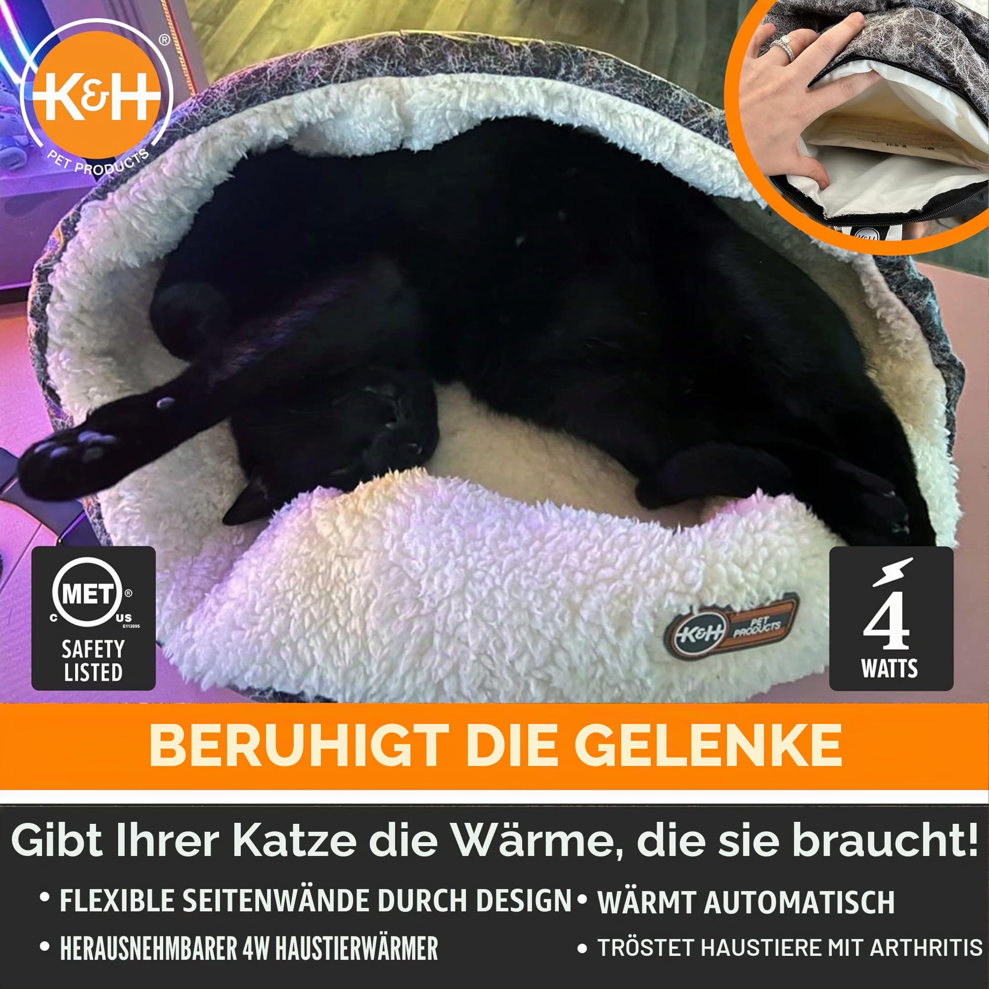 K&H PET PRODUCTS Beheiztes Thermo-Katzenbett für den Innenbereich, beheiztes Haustierbett für Indoor-Katzen und kleine Hunde, thermisches warmes großes Katzenbett, rundes Katzenbett, grau, 35,6 x 45,7