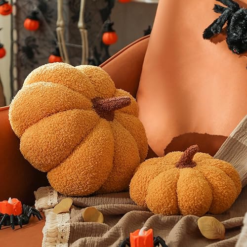 Miniatura 7 de Almohadas de calabaza, almohadas amarillas en forma de calabaza para decoración de habitación, forro polar de peluche de 4 x 7 pulgadas, almohada de