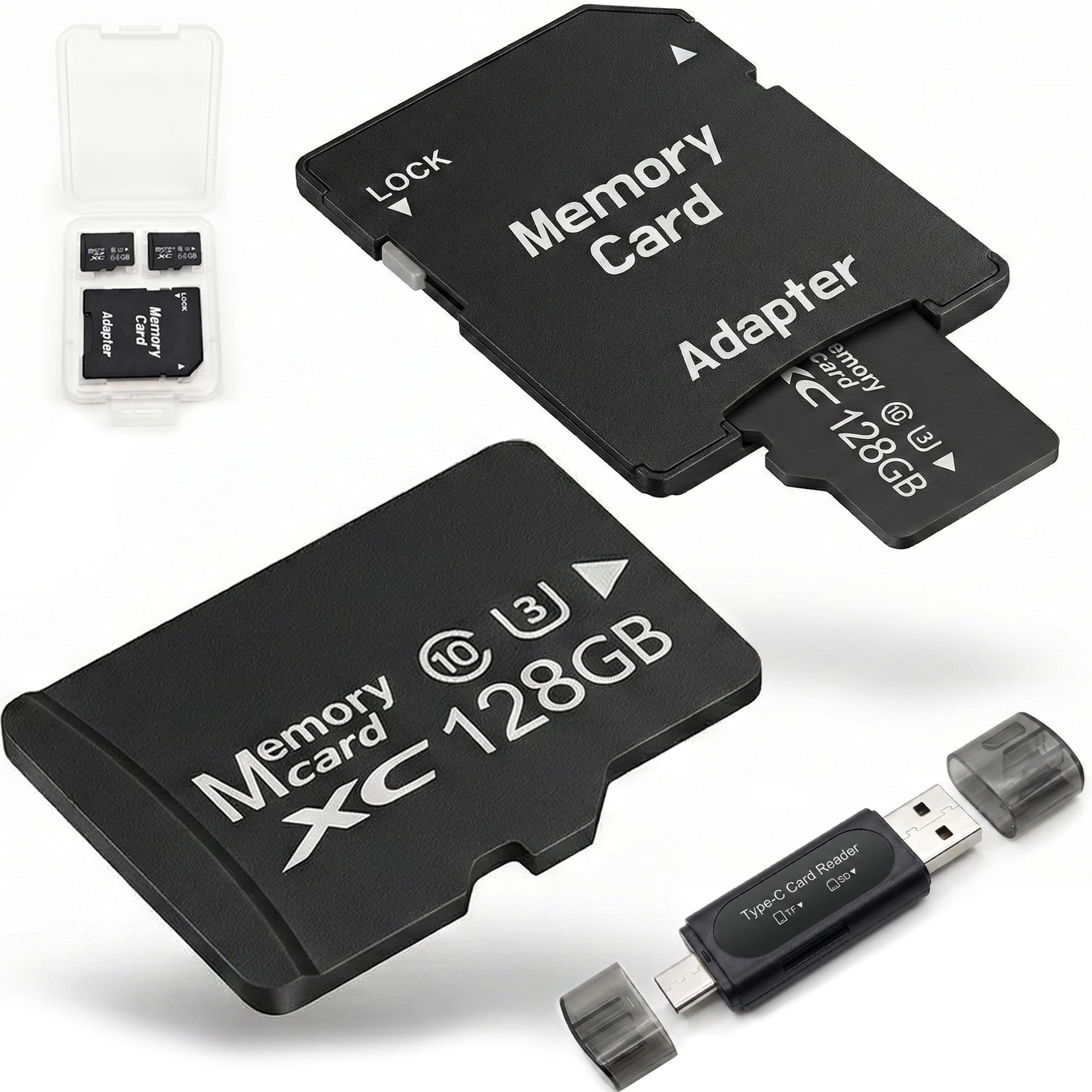 Photo 1 of 128GB Micro SD Card 2-Pack, MicroSDXC Memory Card Kit with Empty SD Adapter and Dual-Port USB/Type-C Reader, V30 Speed, Compatible with Camera, PC, Smartphone
