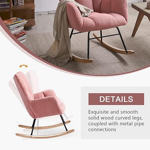 Miniatura 4 de Ugijei Mecedora para guardería, mecedora tapizada de peluche con respaldo alto, sillas modernas para guardería, sala de estar, dormitorio (rosa)