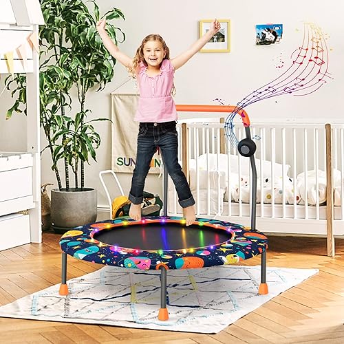 Miniatura 9 de Goplus Mini trampolín de 36 pulgadas para niños, trampolín para niños pequeños con luces LED, altavoz Bluetooth, mango extraíble, cubierta acolchada
