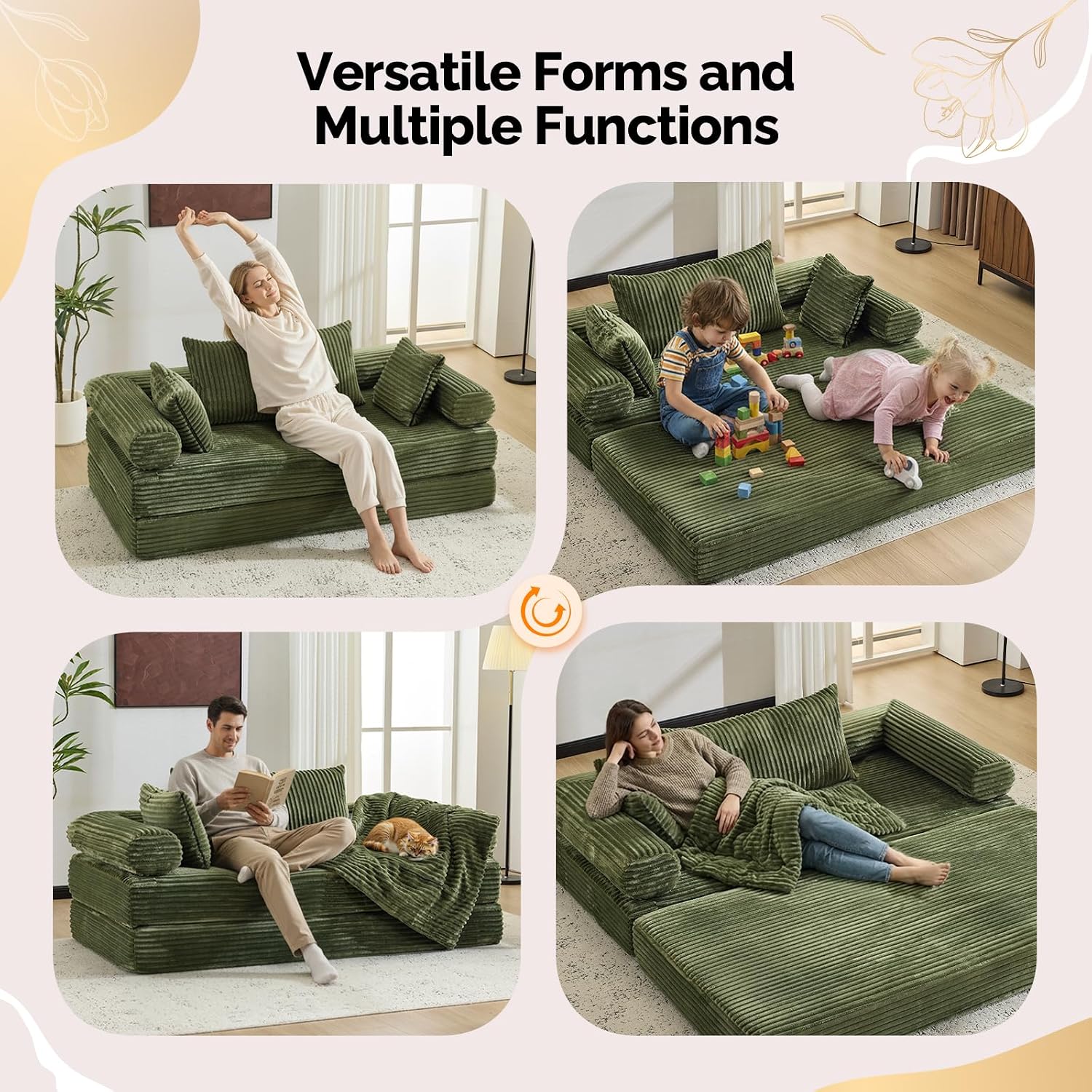 VINGLI Convertible Futon Sofa Bed showing conversion from sofa to bed with dimensions