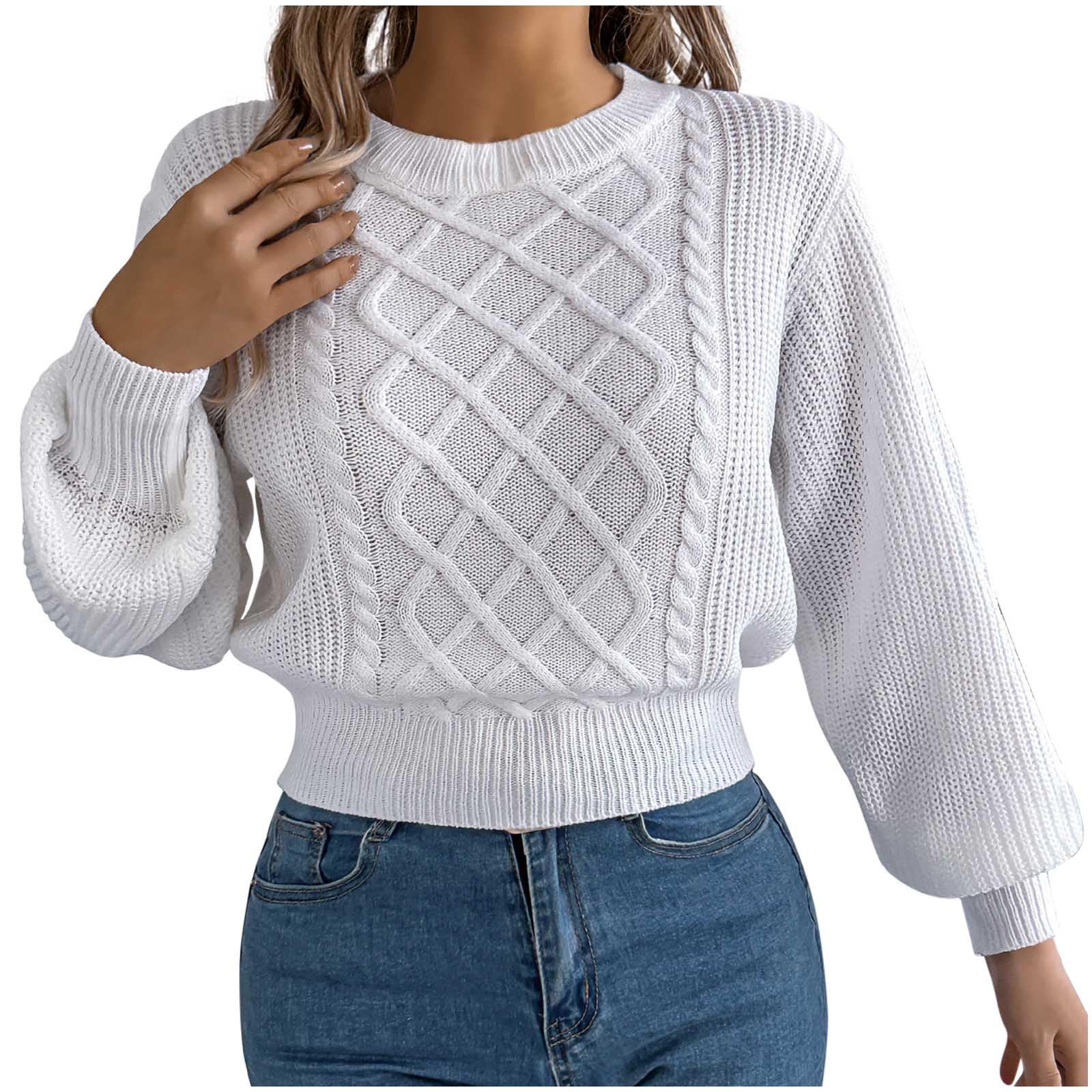 Womens Cropped Sweaters Dressy Casual Fashion Crewneck Long Sleeve Cable Knit Pullover Tops Fall Clothes Outfits