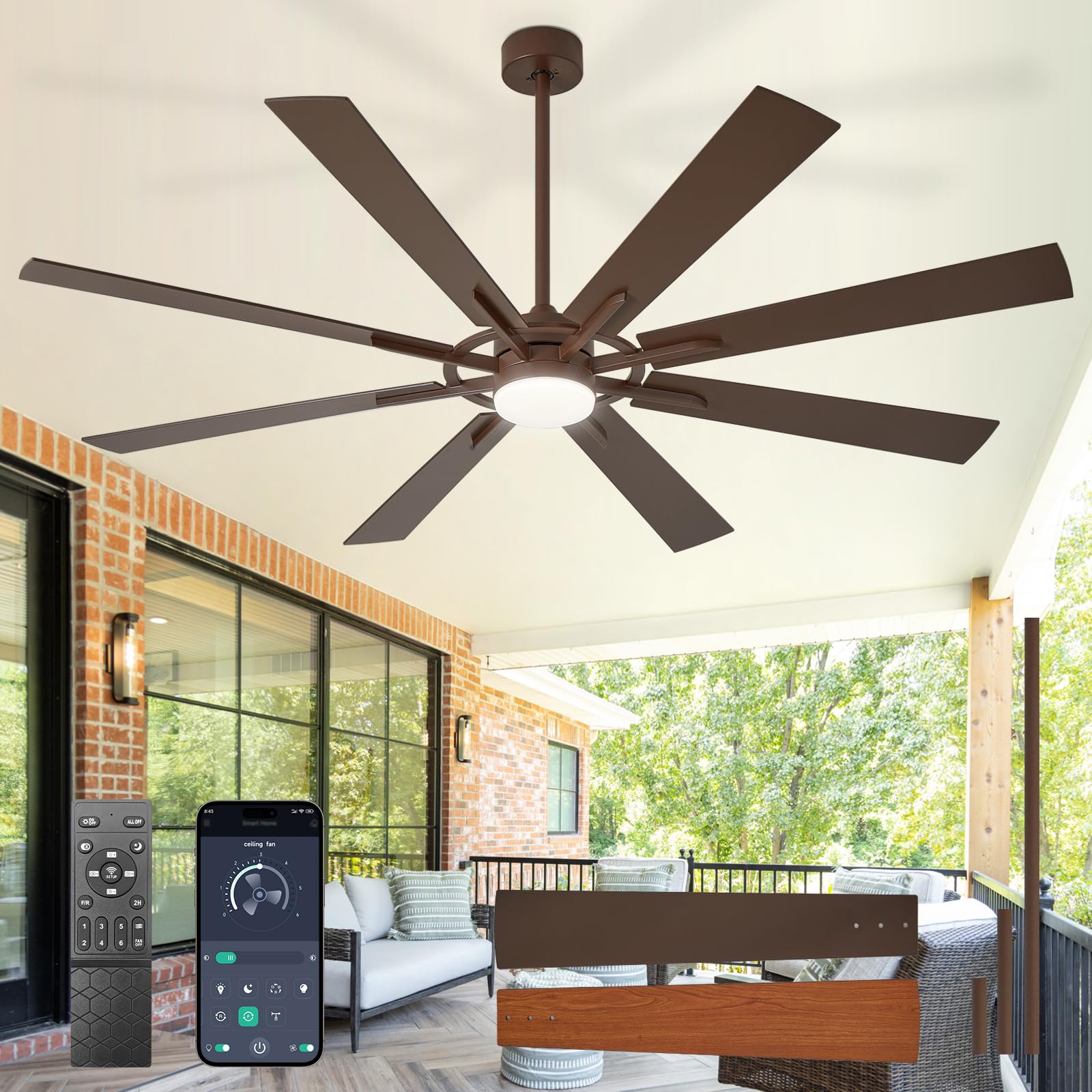 Large Ceiling Fans with Lights Modern 72 Inch 8 Blade Outdoor Ceiling Fan with Remote APP Control -