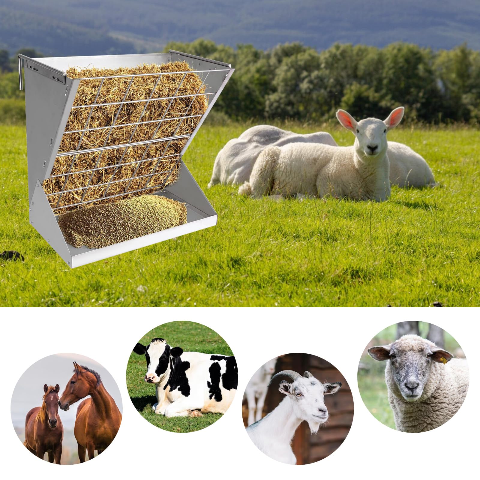 Grande Mangiatoia per Cavalli, 2 in 1 Mangiatoia per Capre Sospese, Rastrelliera per Fieno Sospesa per Capre con Griglia Salva-mangime e Ganci Regolabili per Fieno Capre Pecore Cavalli