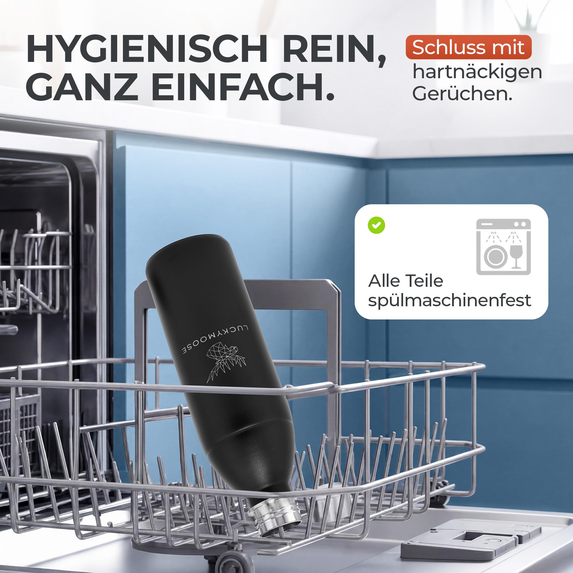 Luckymoose Infinity Edelstahlflasche (1,1L) kompatibel mit SodaStream DUO & TERRA Wassersprudler – Umweltfreundlich, Bruchsicher und Spülmaschinenfest – hochwertiger 304 Edelstahl statt Plastik