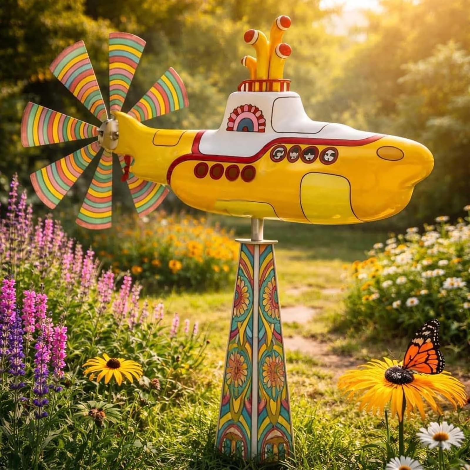 Yellow Submarine Wind Spinner, Heavy Duty Metal Rotating Yard Art, Kinetic Outdoor Garden Decor for Patio, Lawn, Flower Bed – UV-Resistant, Non-Fading Submarine Windmill (#a) — view 4