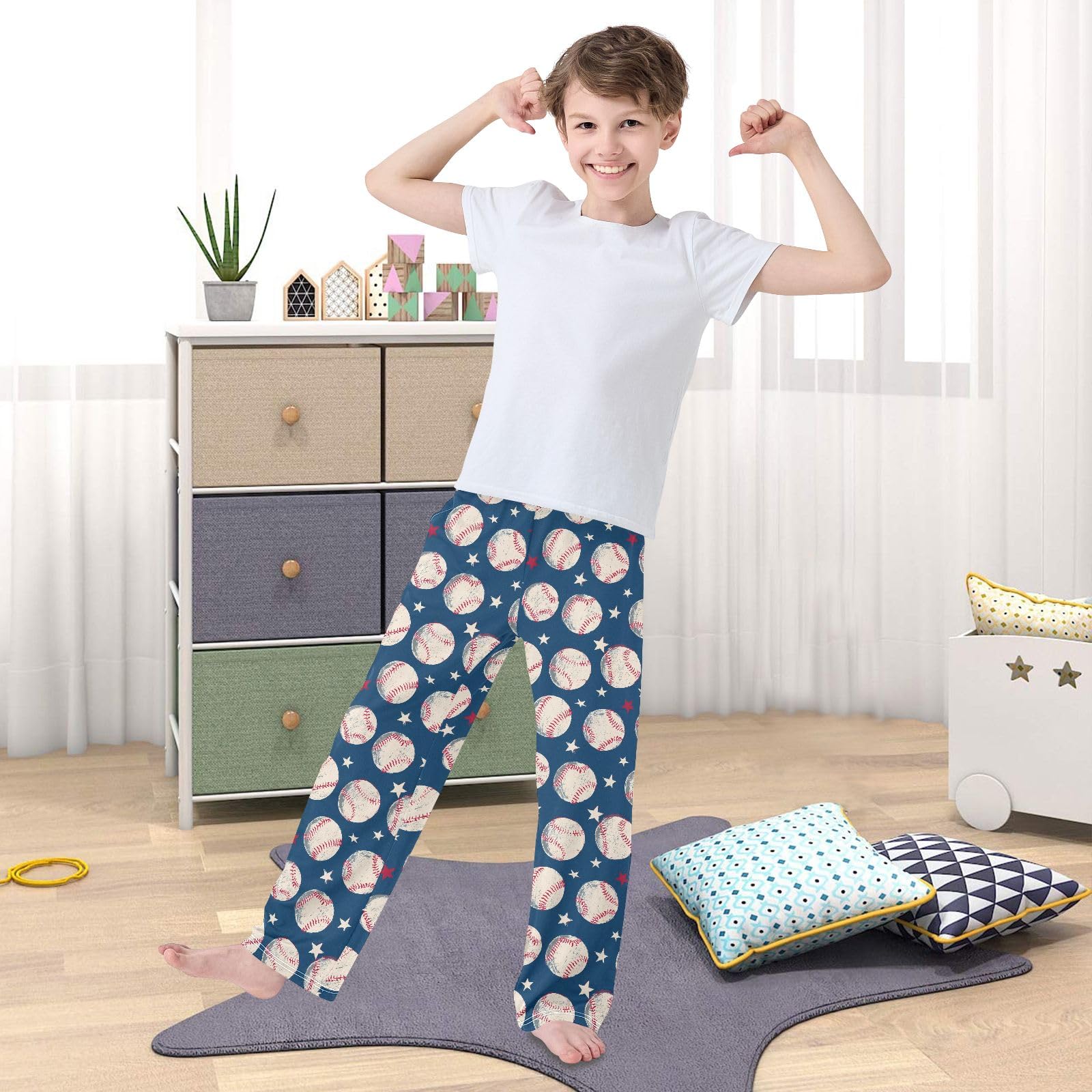 Pantalon de pyjama pour garçon motif baseball doux et confortable avec 2 poches