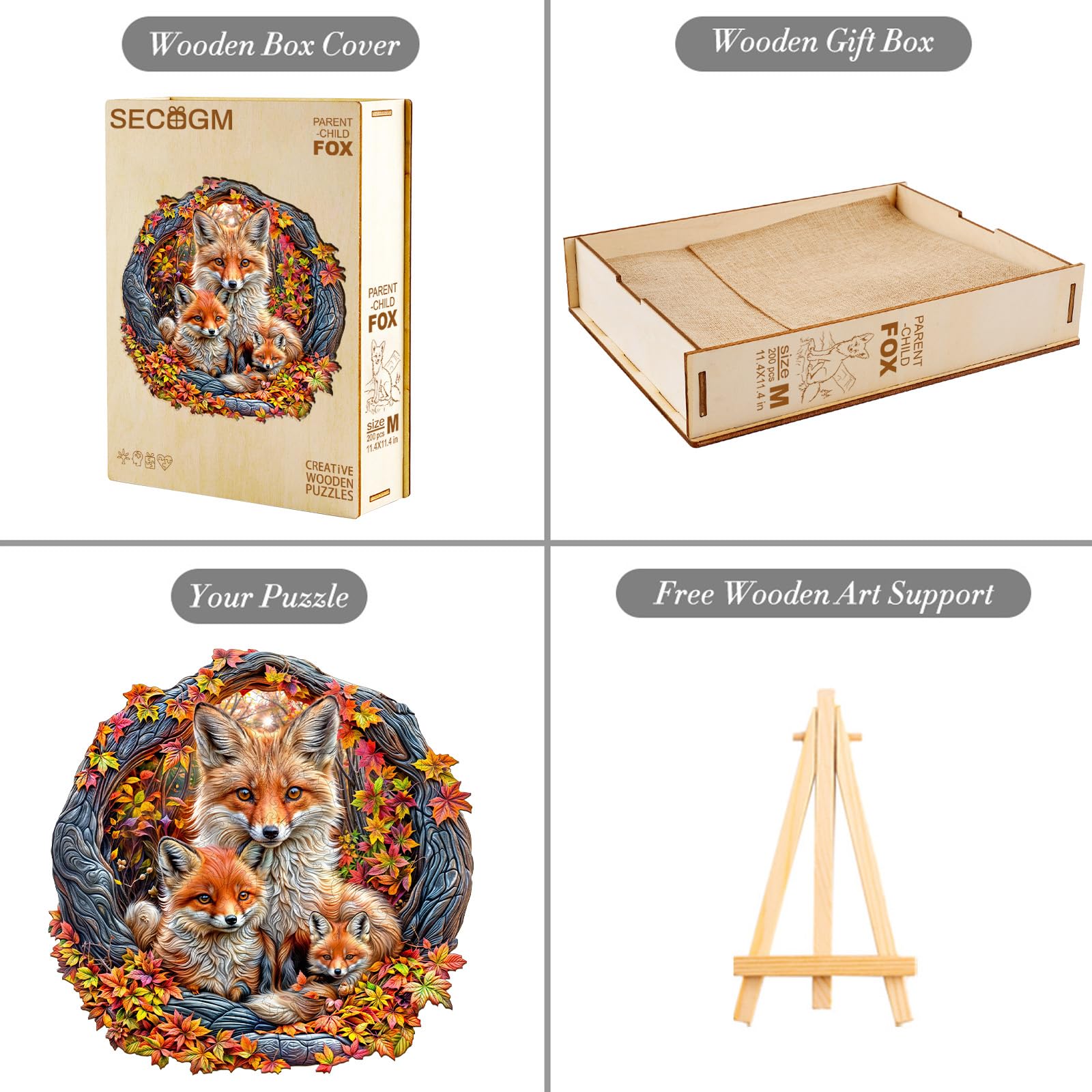 Puzzles en bois pour adultes – Puzzle en bois de renard parent-enfant – Puzzle unique en forme d'animal – Décoration écologique pour la maison et le bureau (M-29 x 28,7 cm)