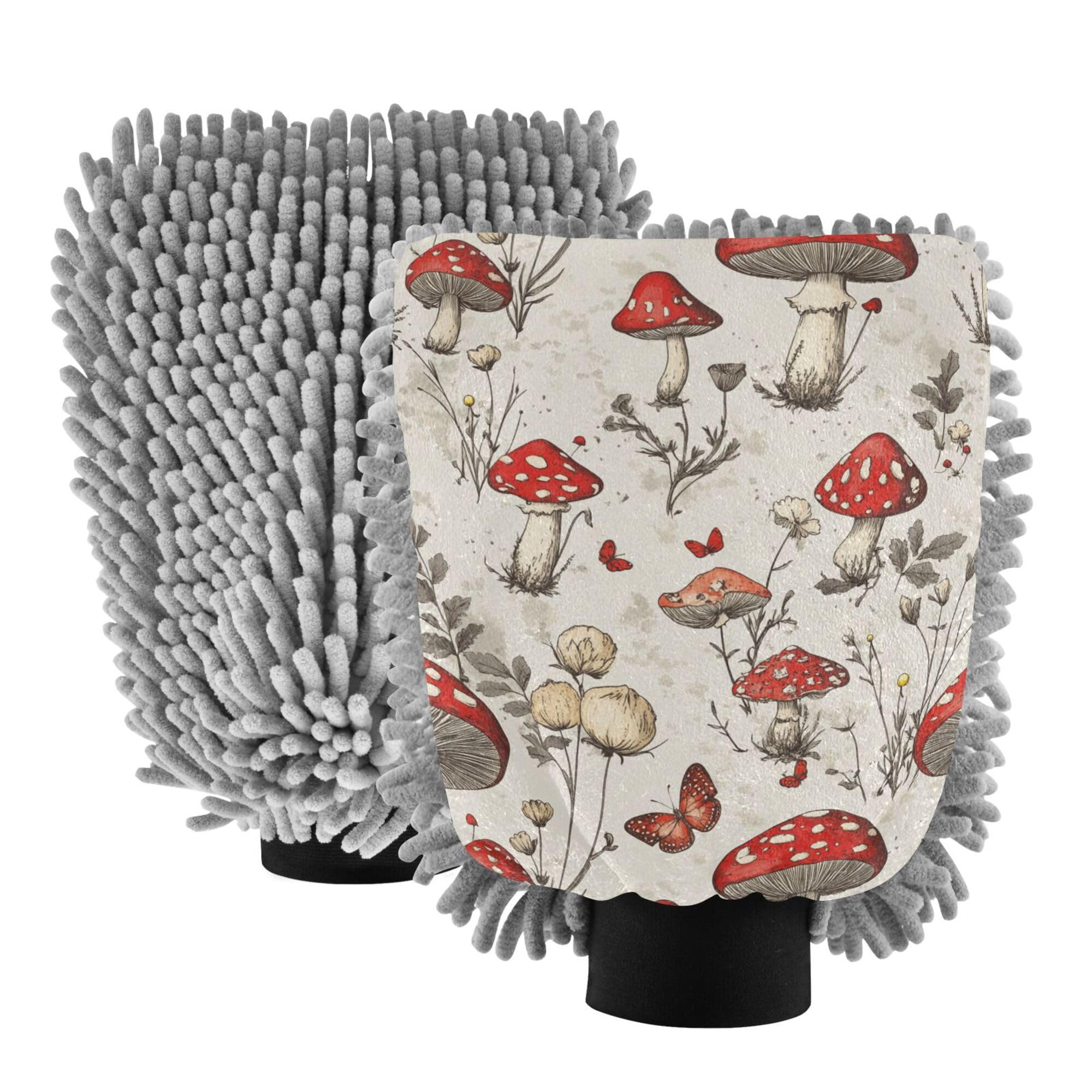 Red Mushrooms Flowers Retro Beige Wash Mitten for Cars 2 Pack Gloves for Cars Washing Scratch Free Detailing Sponge for Auto Supplies