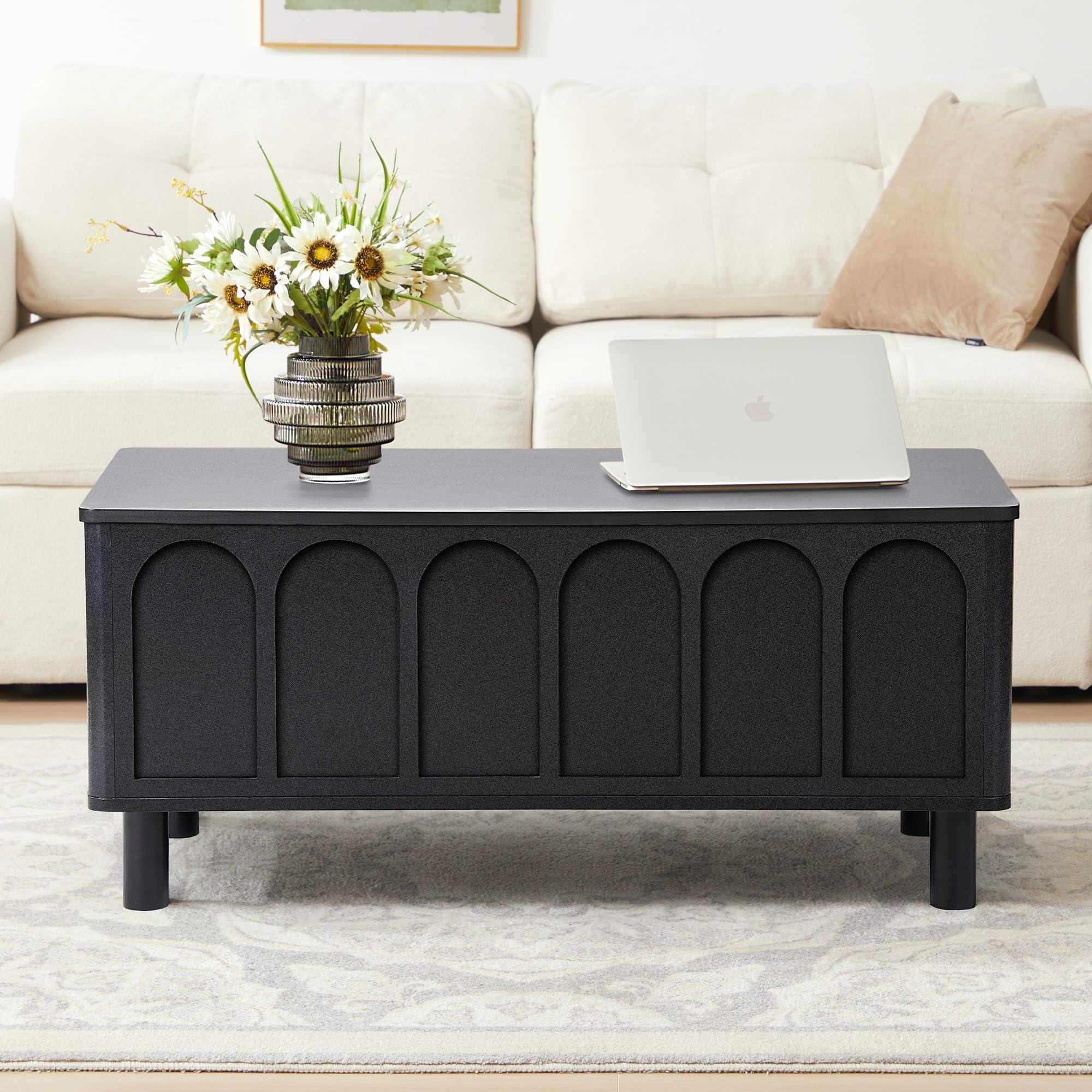 YUCHIATH Lift Top Coffee Table with Arched Finish, Modern Coffee Table with Lifting Tabletop & Hidden Storage, Wood Center Table for Living Room,