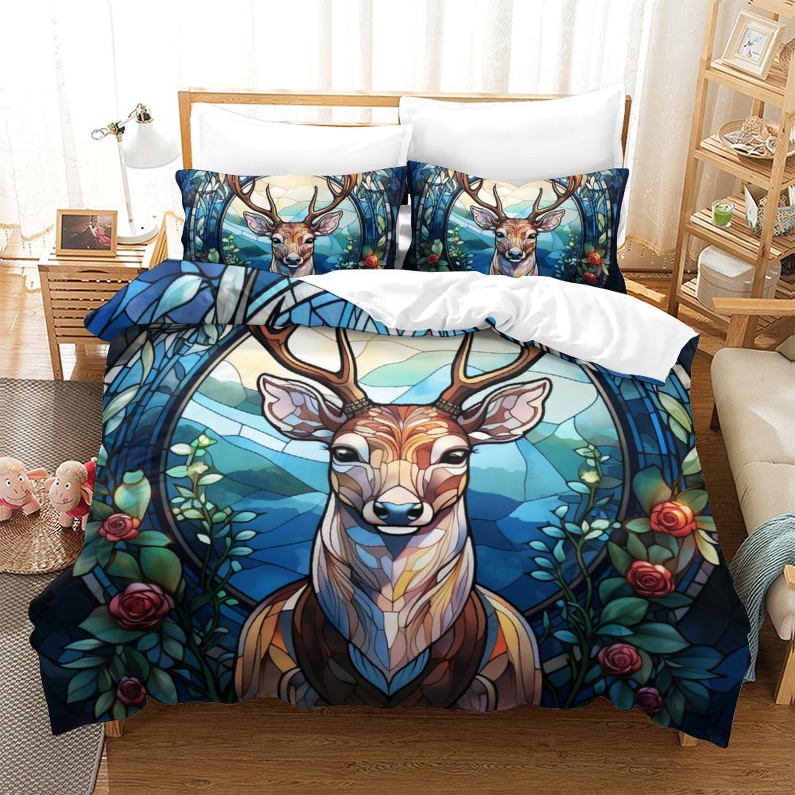 BARDYS Elk Deer 3D Printed Quilt Cover Set 3 Pieces Bedding Soft Easy Care with Zipper Closure，Pillowcases for Kids Girls Boys Adults Bedroom King（220x240cm）