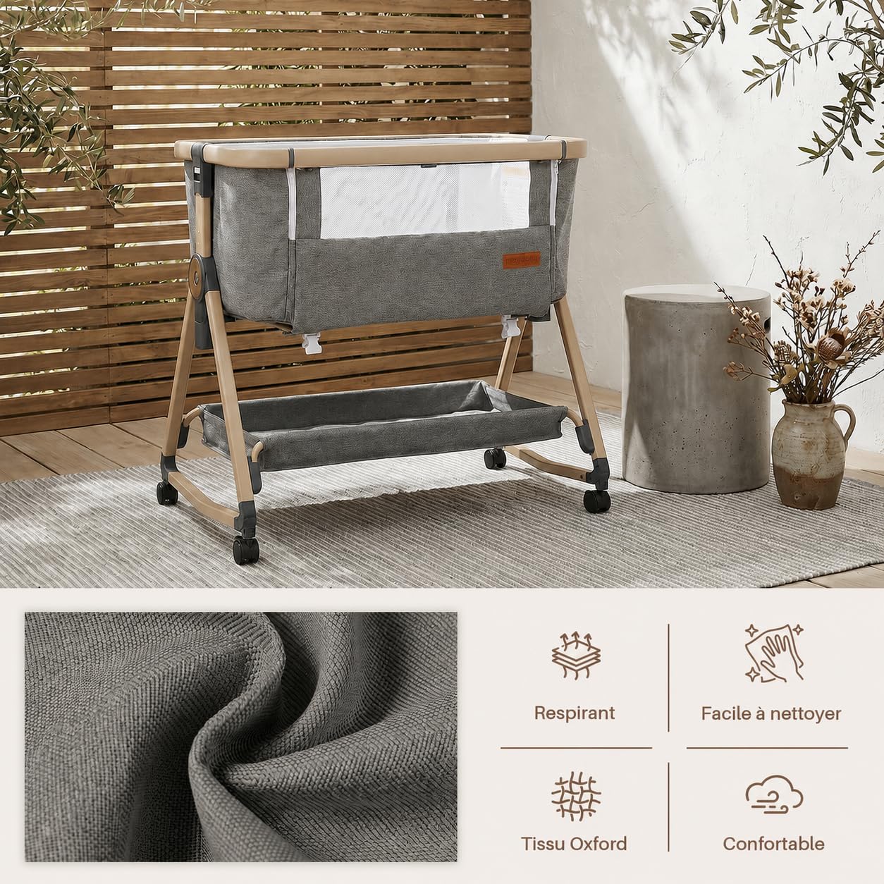 Maydolly Lit d'appoint 3 en1 Berceau avec Matelas Hauteur Réglable Inclinable Gris