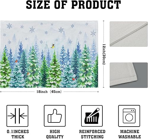 Miniatura 4 de Juego de 4 manteles individuales de acuarela con diseño de pájaros de invierno, diseño de copos de nieve para decoración de comedor en interiores y