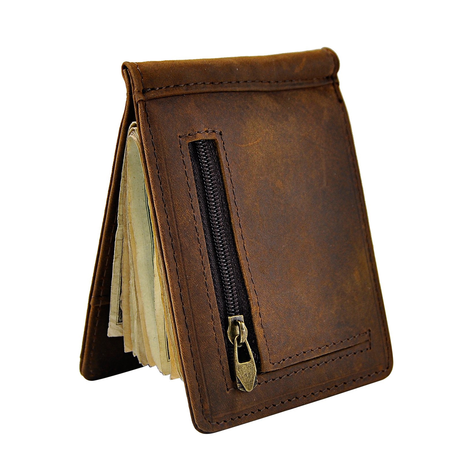 Le'aokuu Real Leather Magnet Money Clip Card Case Slim Handy Front Pocket Wallet (W1098 Brown)