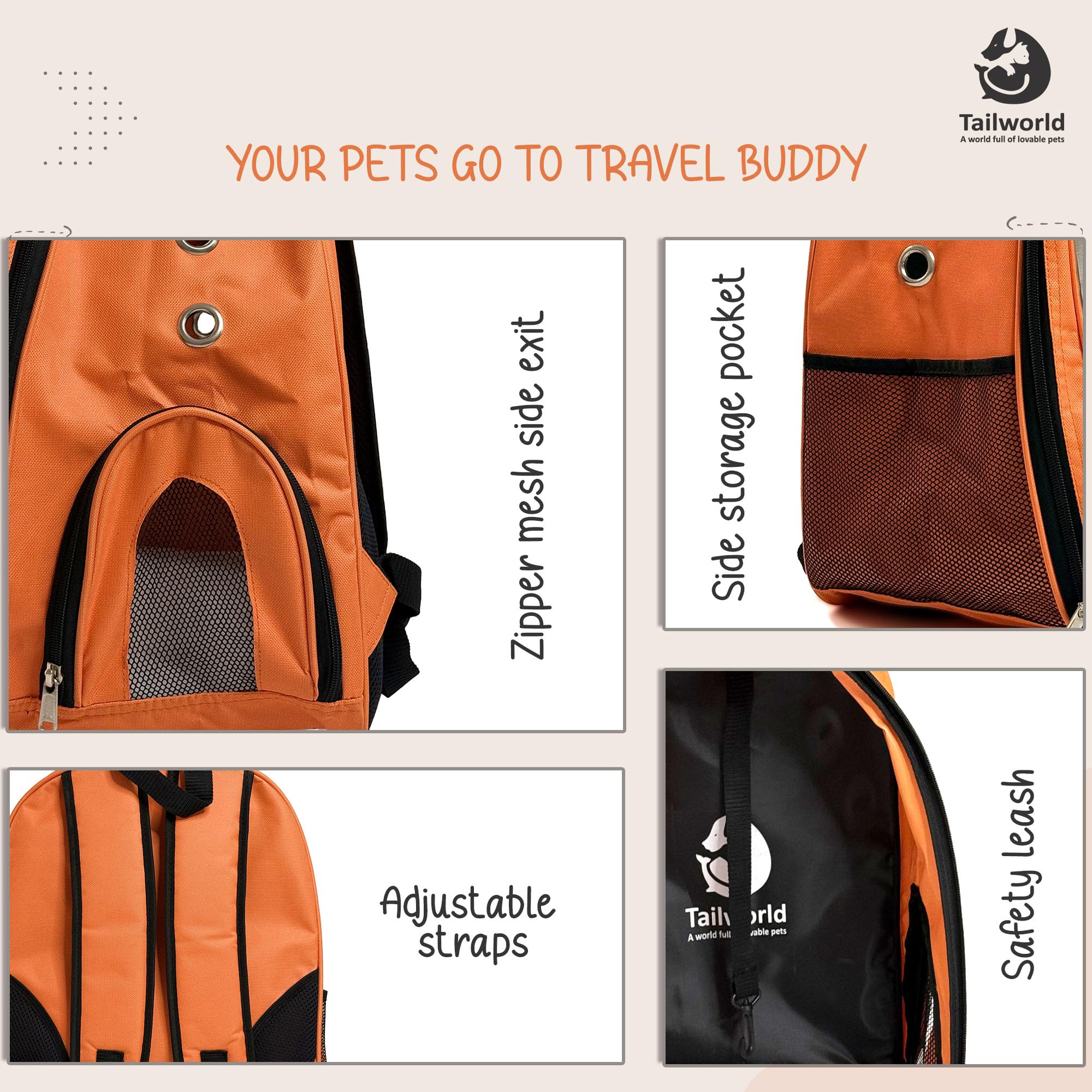 Tailworld Portable Pet Carrier Backpack for Cats & Small Dogs – Transparent Window, 9 Air Vents, Breathable Mesh, Built-in Safety Leash, Lightweight Travel Bag for Outdoor & Travel (Orange) 3