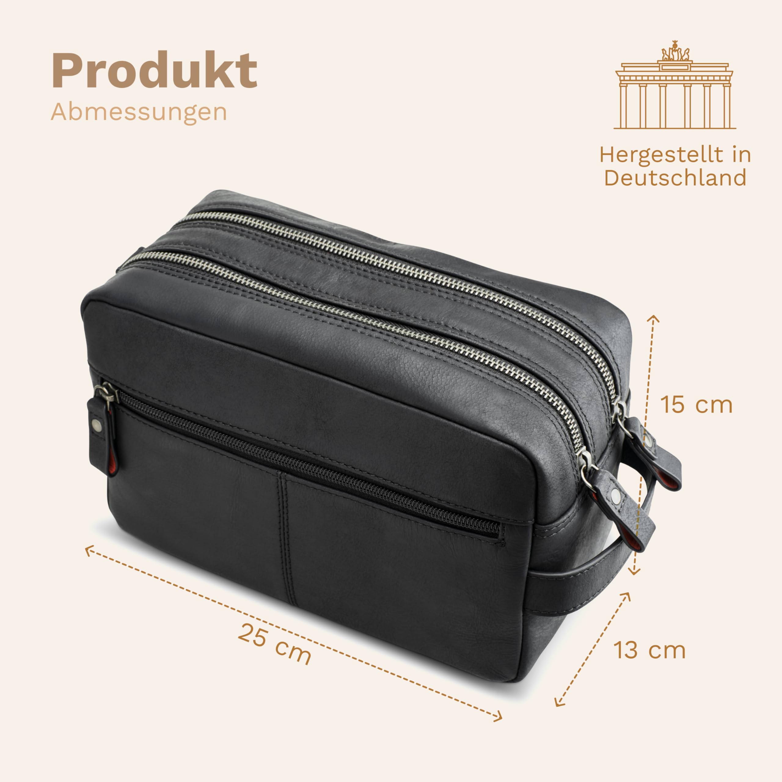 DONBOLSO Kulturbeutel Stockholm - Premium Kosmetiktasche aus Leder - Kulturtasche für Damen und Herren mit Zahlreiche Fächer - Funktionale Reise Badetasche aus Leder - 25x13x15 cm, Vintage Schwarz