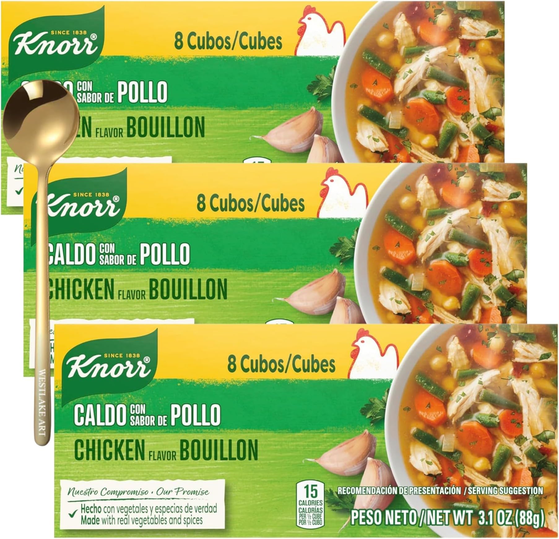 Chicken Bouillon Cubes, 3.1 Oz Box With 8 Flavorful Cubes, Versatile Use For Soups, Stews & Marinades Bouillon, Bundled With Golden Ss Spoon, Quality Ingredients, No Added Msg [Pack Of 3]