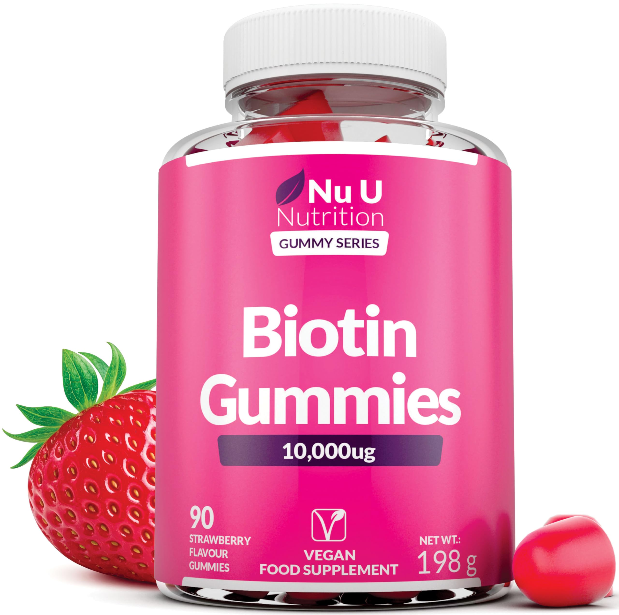 Biotin Hair Gummies 10,000mcg - 90 Vegan Gummies - Delicious Strawberry Flavour - Chewable Vitamin B7 Hair Vitamins - Gelatine Free - Made in The UK - Nu U Nutrition