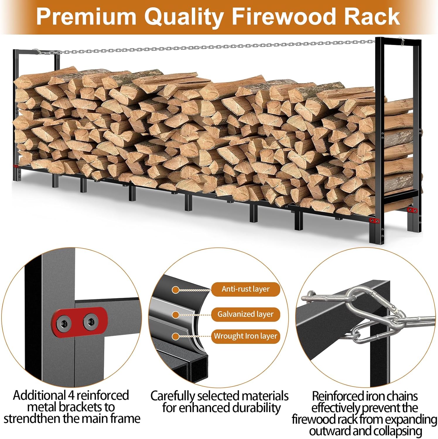 8FT Firewood Rack Outdoor, Firewood Log Rack Holder with Reinforced Chain Bumper for Fireplace Wood Storage, Heavy Duty Metal Pile Log Stand Stacker Holder for Indoor Outdoor Patio