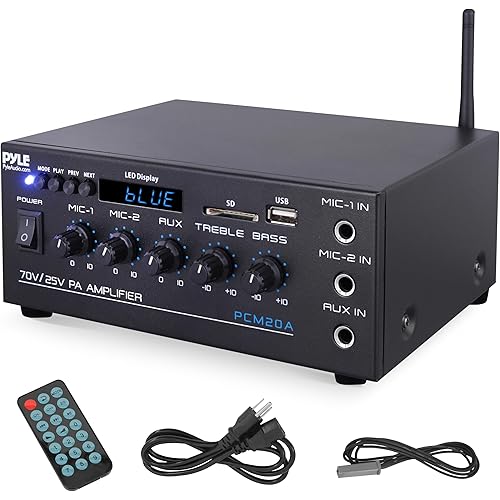 Pyle Compact Mini Home Power Amplifier - 40W Smart Small Audio Stereo Receiver w/ AUX 2 Microphone IN COM/8-Ohm/25V/70V Speakers LED Input Selector For PA Amplified Speaker Sound System PCM20A