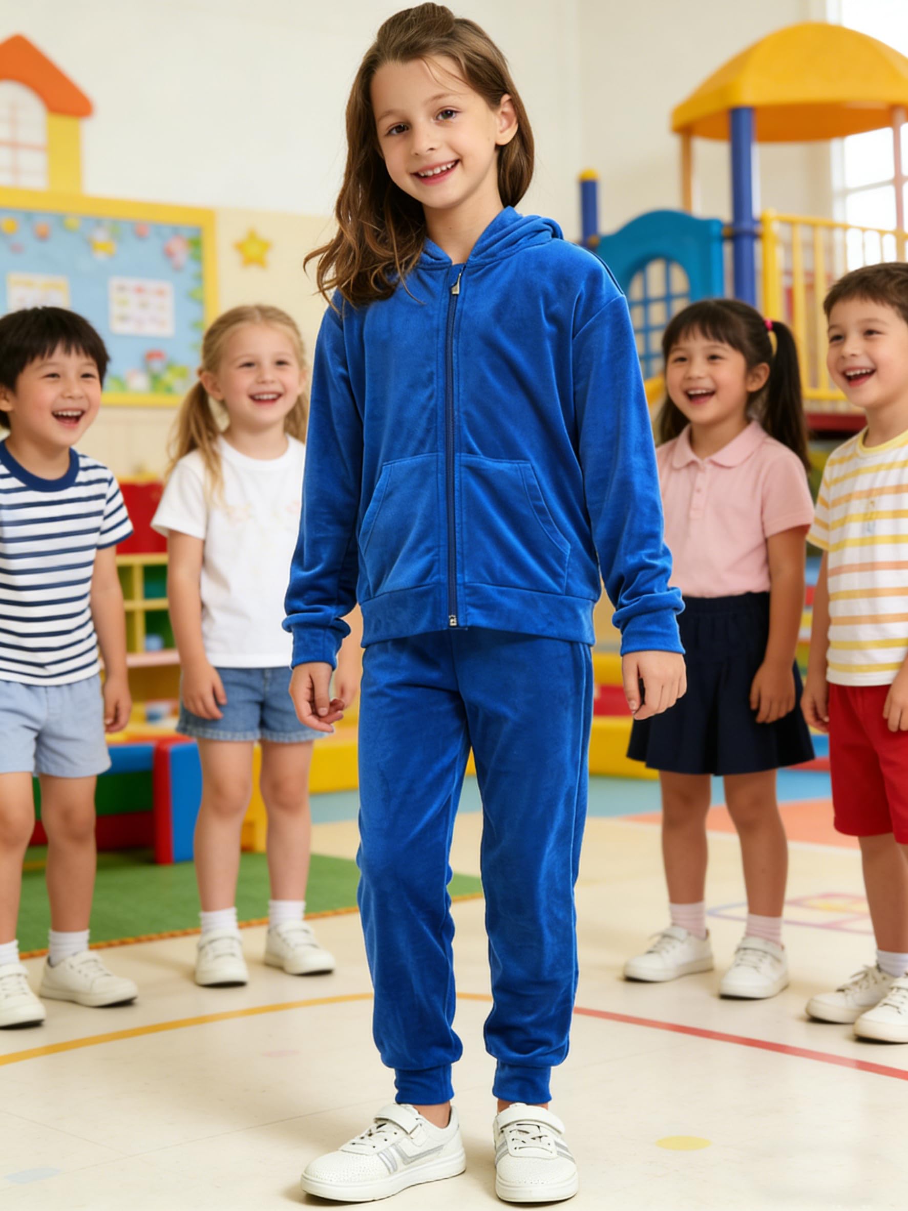 MessBebe Completo tuta velluto 2 pezzi bambine, felpa zip con cappuccio e pantaloni jogger sportivi