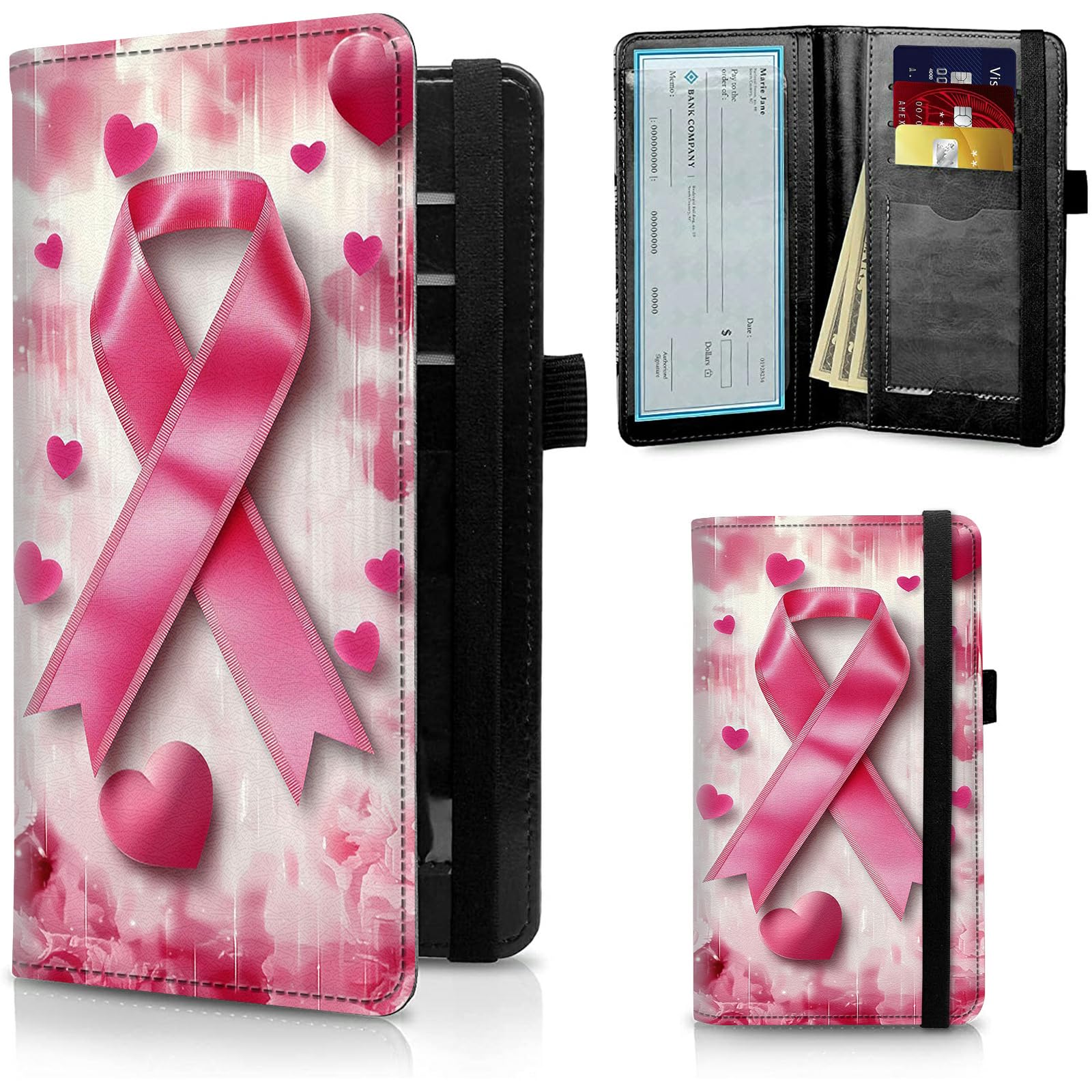 FUYOCWE Checkbook Covers for Personal Checkbook,RFID Blocking Leather Check Book Covers Wallet with Pen Holder &amp; Card Slot for Women -Pink Ribbon Breast Cancer Awareness