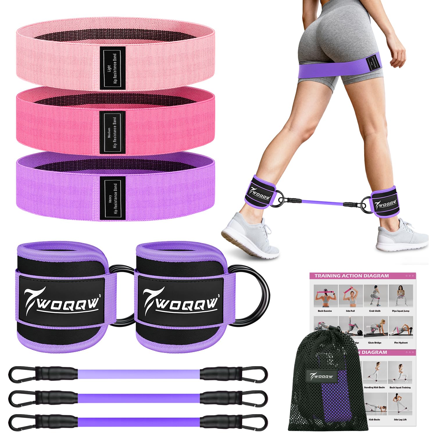 WOQQW Resistance Bands Set for Women - Exercise Bands With Ankle Straps for Legs & Glute Workout, Fabric Booty Bands, Home Gym Fitness Equipment for Hip, Pilates, Yoga, Physical Therapy, Stretch
