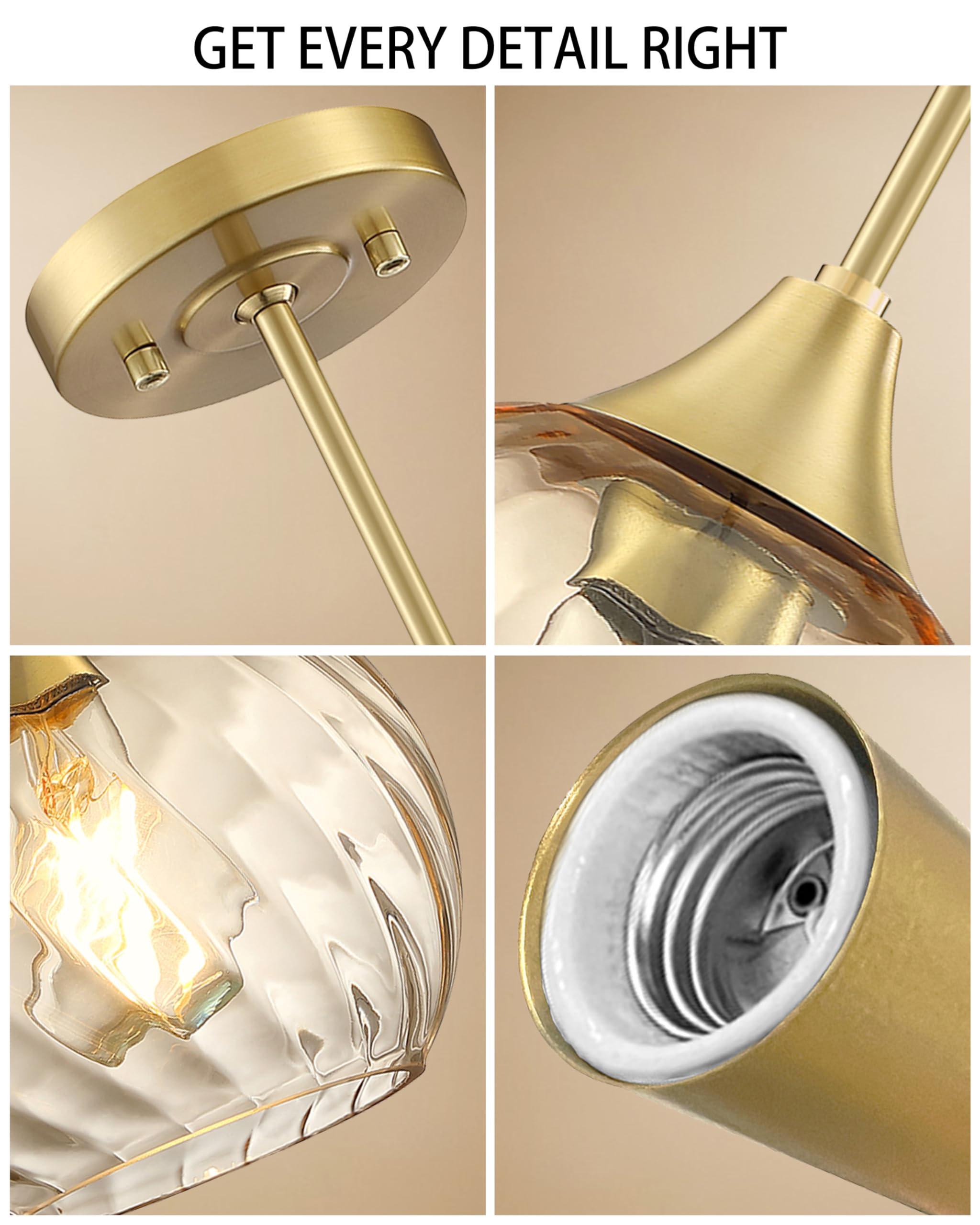 3 Pack 1 Light Hanging Indoor Kitchen Island Pendant Light 6.3" Clear Stripe Amber Glass Pendant Ceiling Light Fixtures Brushed Bronze Finish,Modern Farmhouse Dinning Over Sink