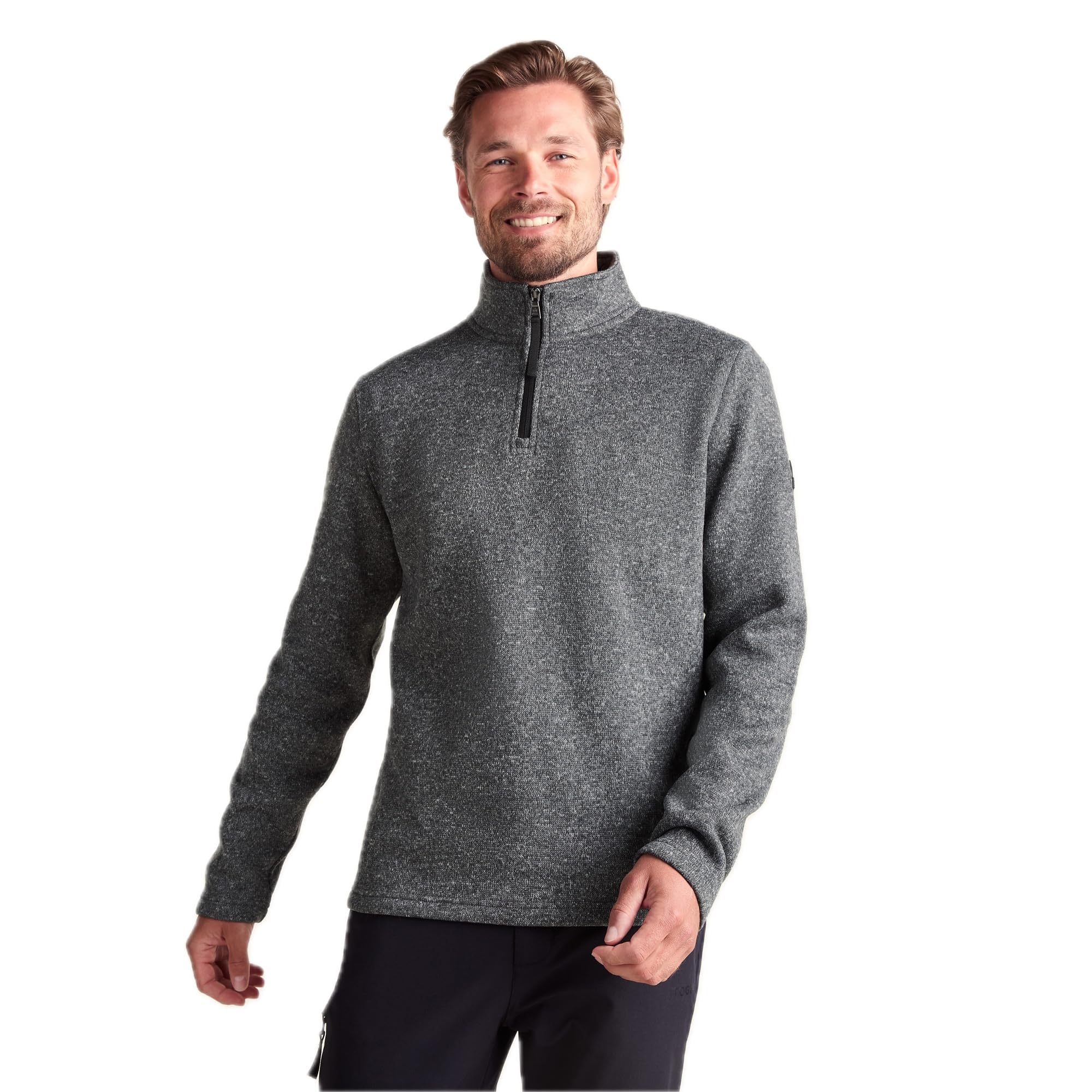 Tog24 Men's Dark Grey Marl Pearson Quarter Zip Neck Fleece, Knitlook Walking Outdoor