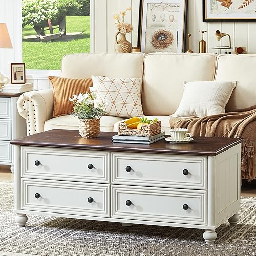 Miniatura 4 de Farmhouse - Juego de 3 mesas auxiliares y auxiliares, mesa central de madera de 48 pulgadas con 4 cajones, mesa auxiliar grande para sofá con