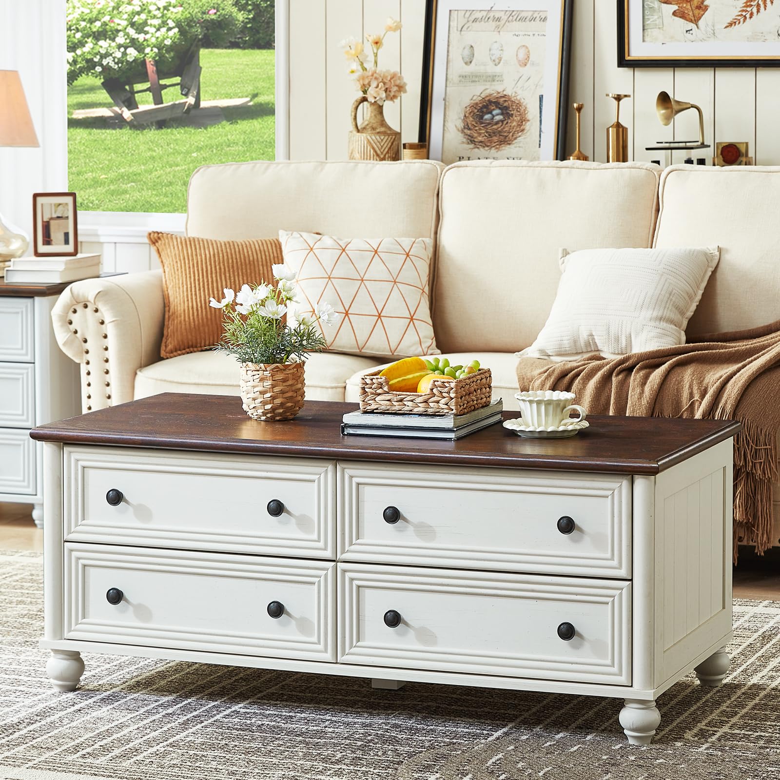 RWYHG 48" Farmhouse Coffee Table with Hidden Storage,Wooden Coffee Tables with 4 Drawers & Roman Column Handle,Rectangular Rustic Center Table with