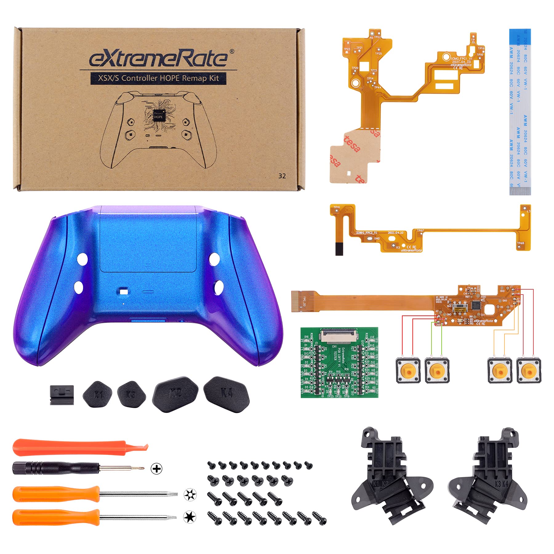 eXtremeRate HOPE Programable Remap Kit para Xbox Series X/S Mando Actualización Board & Carcasa Trasera & Agarre & Botones Posteriores para Xbox Series S/X Control-No Incluye Mando(Azul a Violeta) - 3