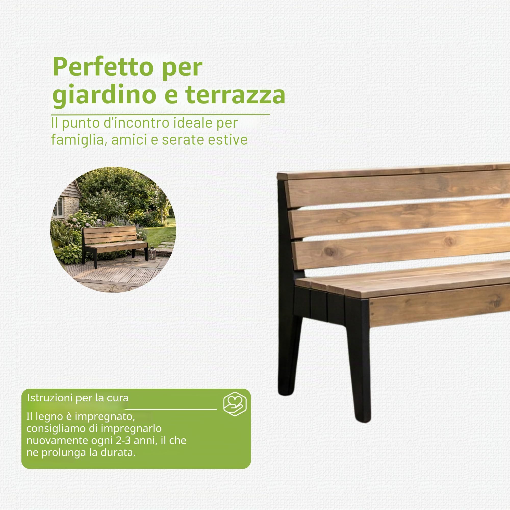 Panca da giardino da 150 cm, panchina da esterno in legno FSC/PEFC | resistente alle intemperie, con schienale e gambe nere, moderno mobile da balcone per terrazza, ingresso, SG SiestaGarden