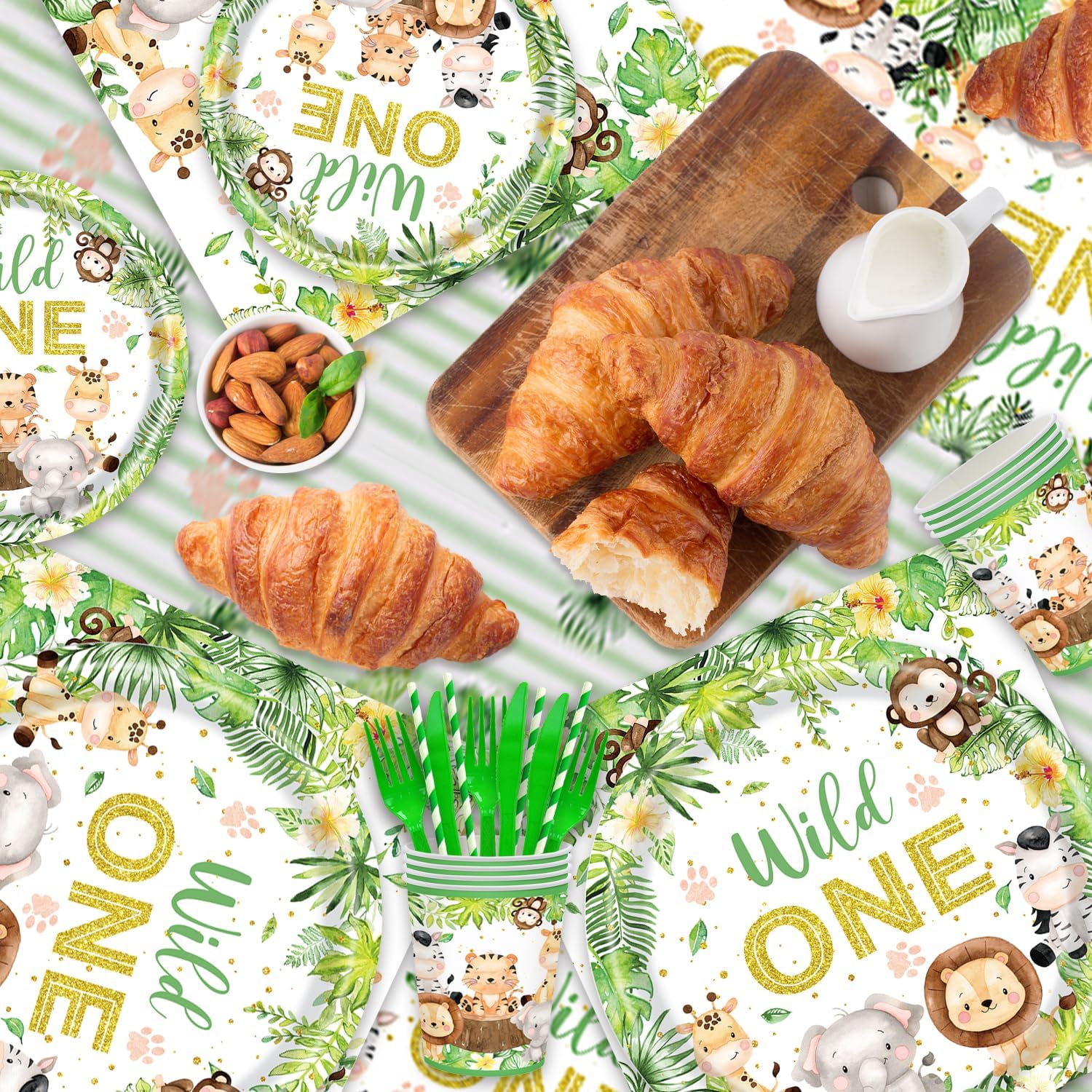141pcs Wild One Birthday Party Supplies, Includes Dinner Plate Dessert Plate Paper Napkin Cup Knife Fork Paper Straw Tablecloth Baby Shower Jungle Animals Birthday Decorations set