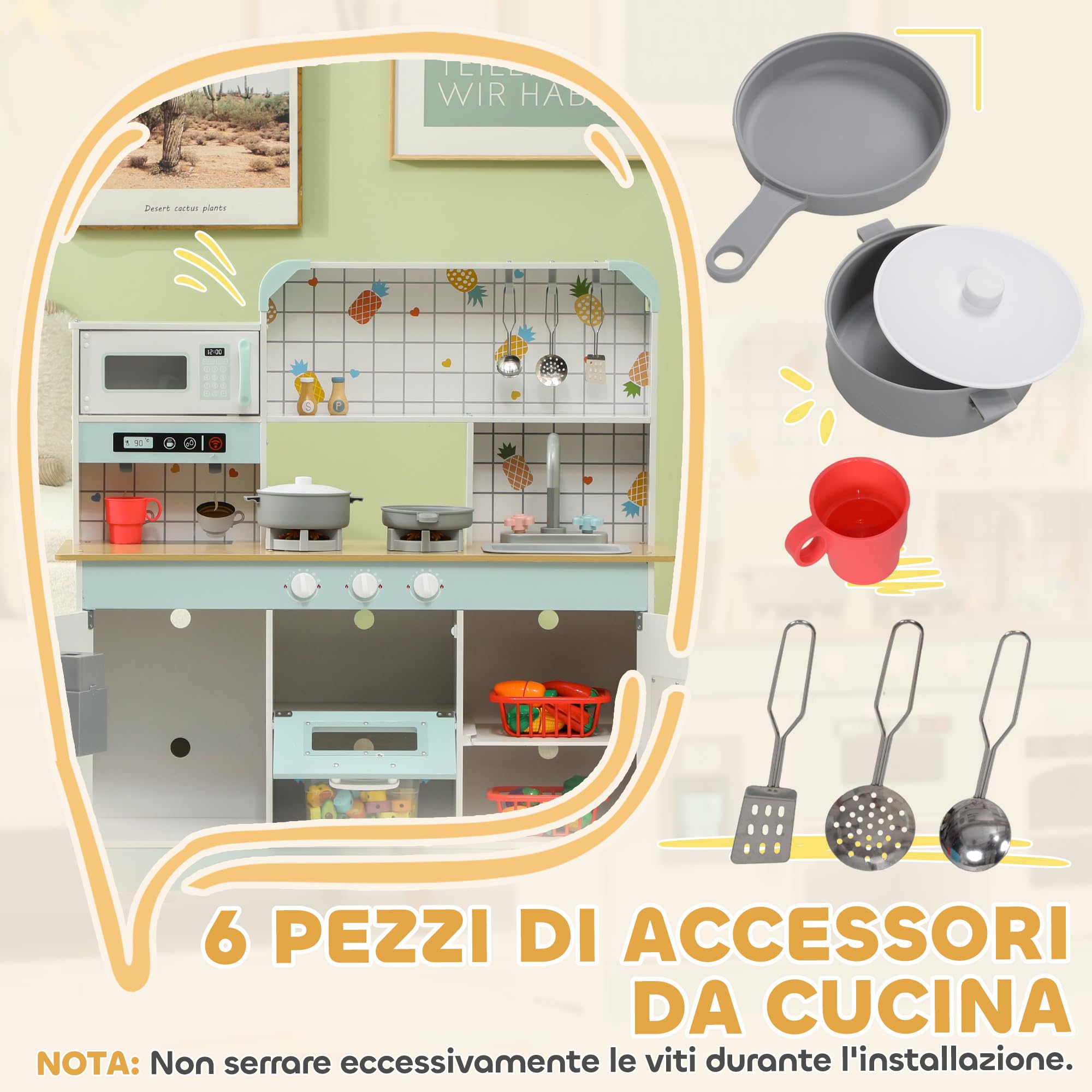 AIYAPLAY Cucina Giocattolo per Bambini da 3 Anni in Legno, Fornello con Luci e Suoni, Microonde, Macchina del Caffè, Macchina del Ghiaccio e Armadietti, Bianco