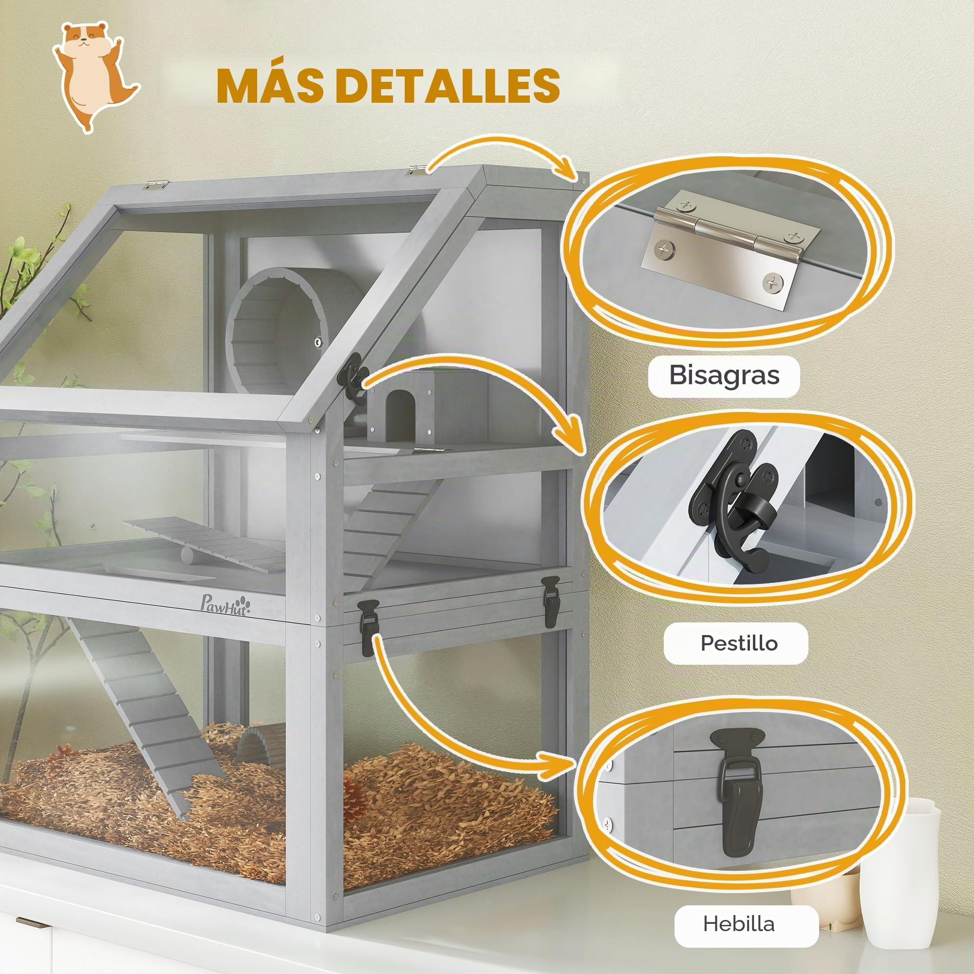 PawHut Jaula de madera para hámster de 3 niveles, color gris claro | Jaula de jerbo, parte inferior desmontable de 32 cm de profundidad, cabaña, balancín, rueda de ejercicio, rampas
