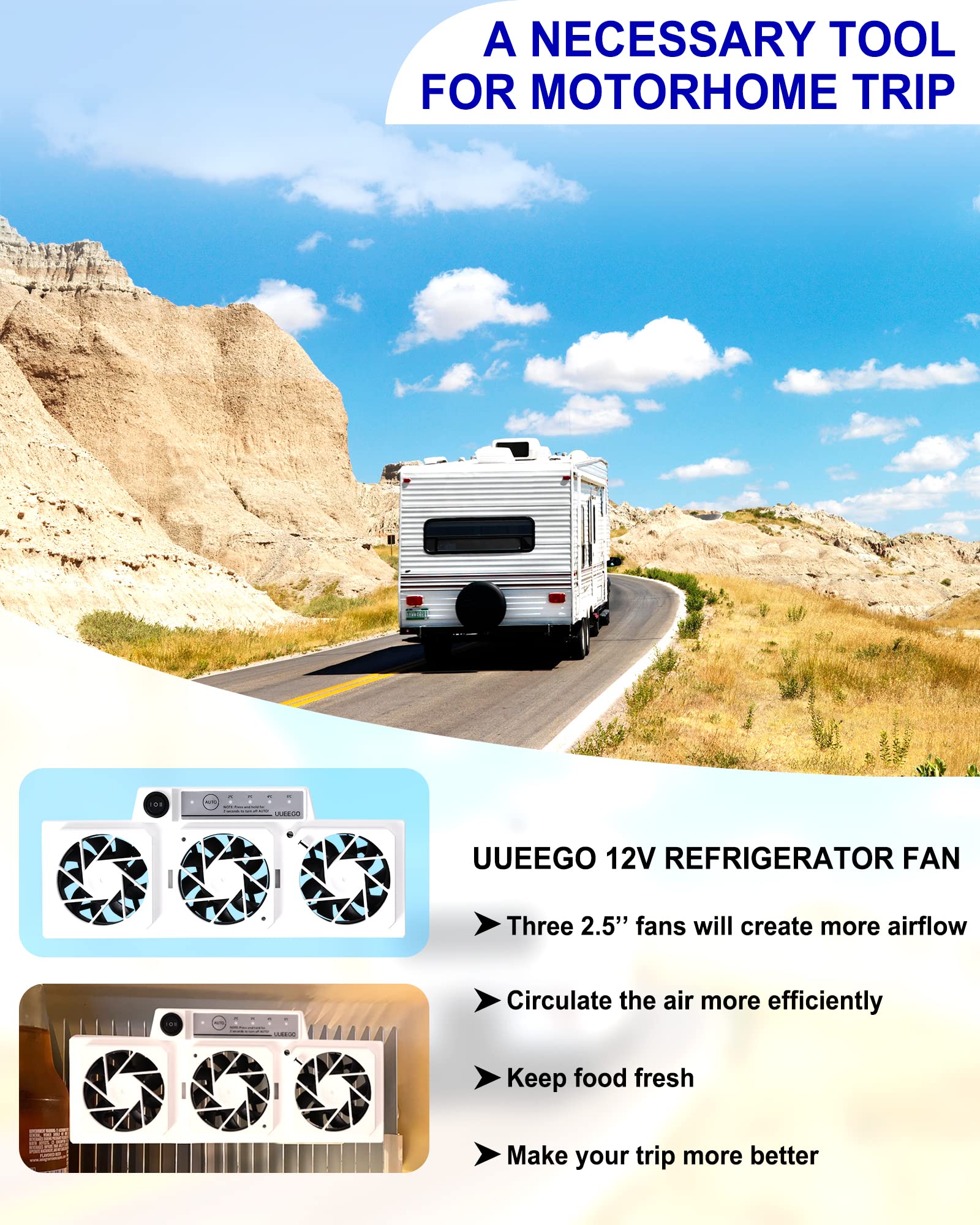 12 V RV-Kühlschrank-Verdampferventilator, mit drei 6,3 cm 12 V betriebenen Ventilatoren, befestigt an den Kühlrippen des Kühlschranks, schafft kalte Luft und verhindert Eis