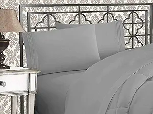 Elegant Comfort Luxurious 1500 Premium Hotel Quality Microfiber Three Line Embroidered Softest 4-Piece Bed Sheet Set, Wrinkle and Fade Resistant, Queen, Silver-Light Grey