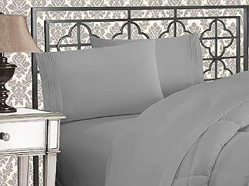 Elegant Comfort Luxurious 1500 Premium Hotel Quality Microfiber Three Line Embroidered Softest 4-Piece Bed Sheet Set, Wrinkle and Fade Resistant, Queen, Silver-Light Grey
