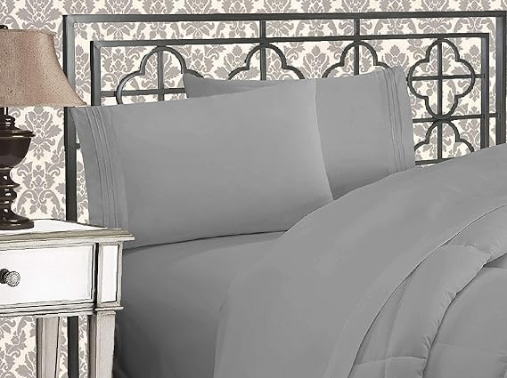 Elegant Comfort Luxurious 1500 Premium Hotel Quality Microfiber Three Line Embroidered Softest 4-Piece Bed Sheet Set, Wrinkle and Fade Resistant, Queen, Silver-Light Grey