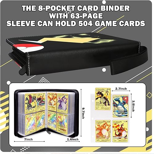 Miniatura 5 de Carpetas negras para tarjetas Pokémon, 4 bolsillos, capacidad para 504 tarjetas de juego con 63 fundas, colección de tarjetas coleccionables con