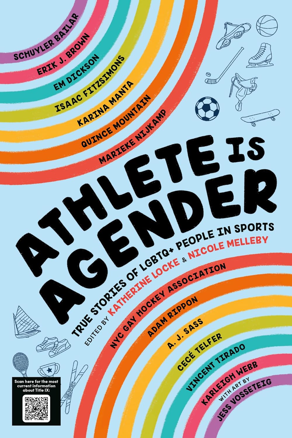 Cover for the middle grade book Athlete is Agender, edited by Katherine Locke and Nicole Melleby. Depicted on a light blue background are line drawings of various sports equipment in the top right and bottom left corners. Rainbow stripes arcing outward from the top left and bottom right corners display the names of the book's contributors.