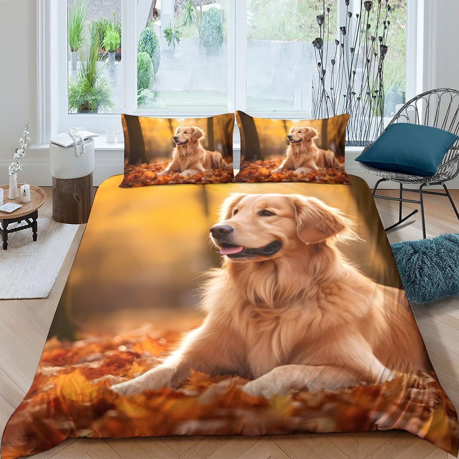 Ctjqhvkz Style-10 3D Printed Golden Retriever Autumn Leaves Fitted Sheet Microfiber Soft Bed Cover For Bedroom Guest Room Decor Single（135X200cm）