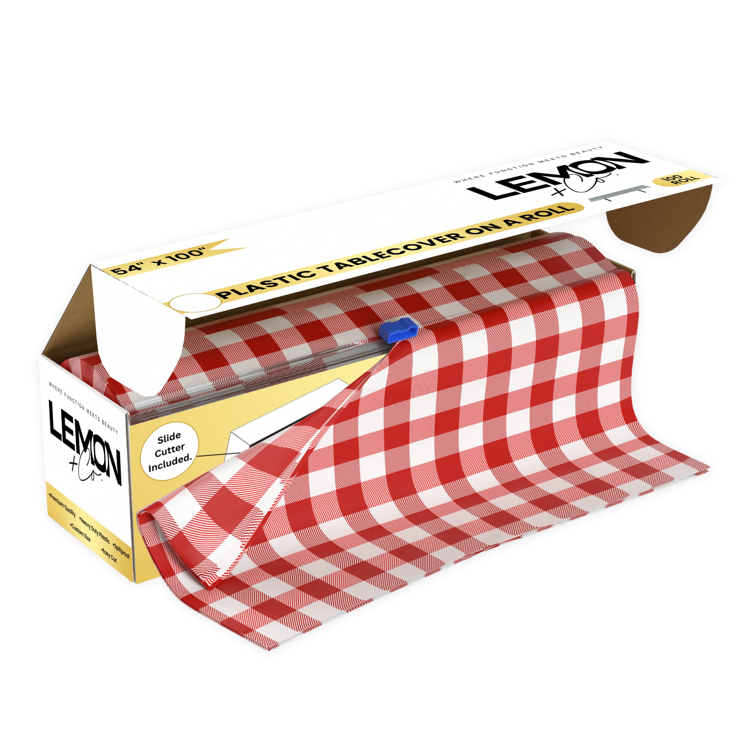 LEMON + Co. Rouleau de nappe en plastique de qualité supérieure - Motif vichy rouge - 137,2 cm x 30,5 m - Pour fêtes - Avec boîte de découpe - Rectangulaire et ronde - Jetable