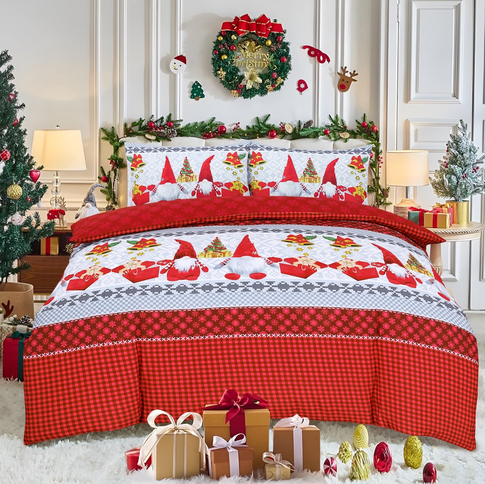 Luxury Christmas Duvet Cover Set with Pillowcases – 3D Santa Claus, Snowman & Festive Designs – Soft Cotton Blend Soft Fabric Bedding for Xmas Gift (Christmas Gnomes, Double) — image 1
