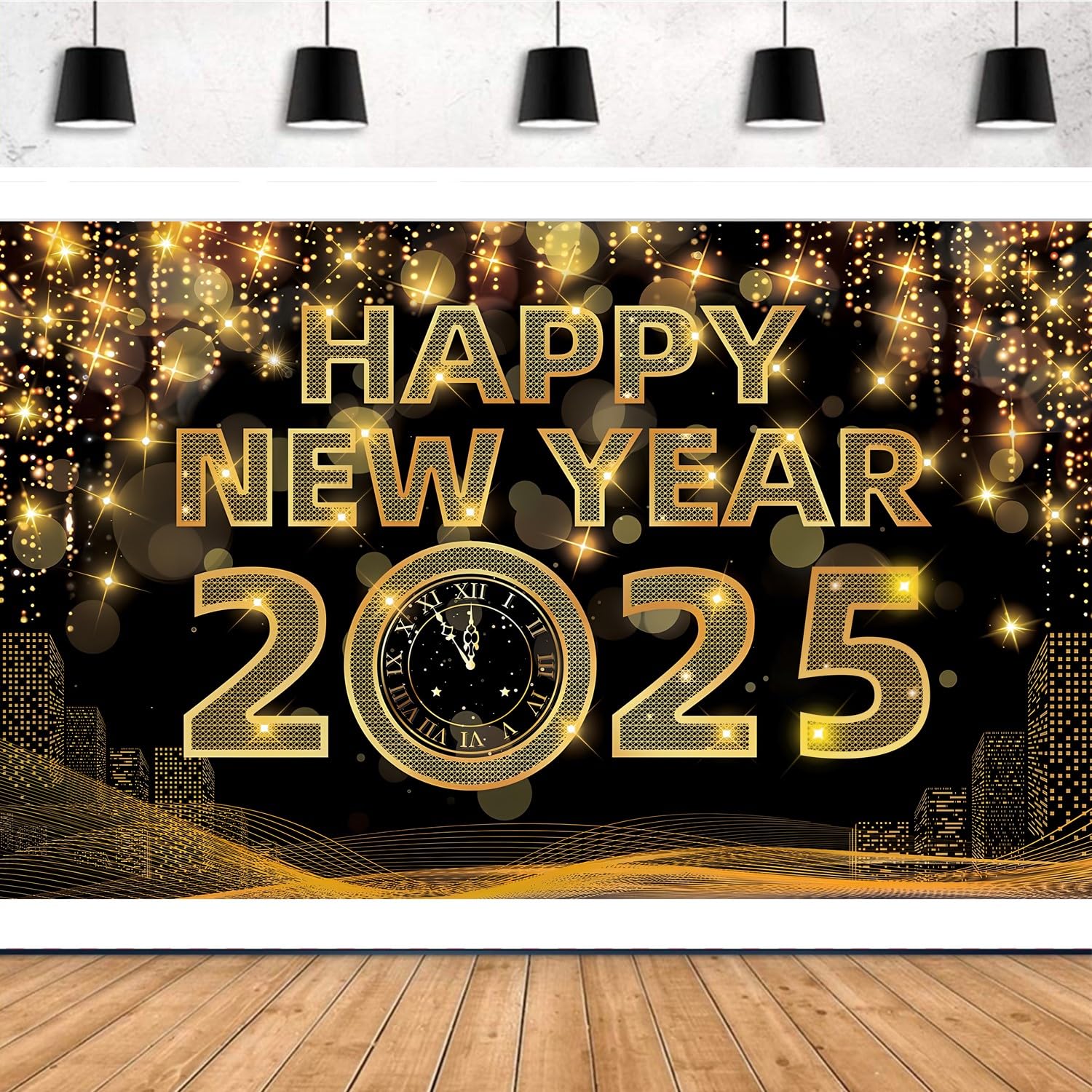Happy New Year 2025 Banner Backdrop Decoration,New Year Eve Party Supplies 2025 New Year Background Decorations,Black Gold NYE Decorations Backdrop