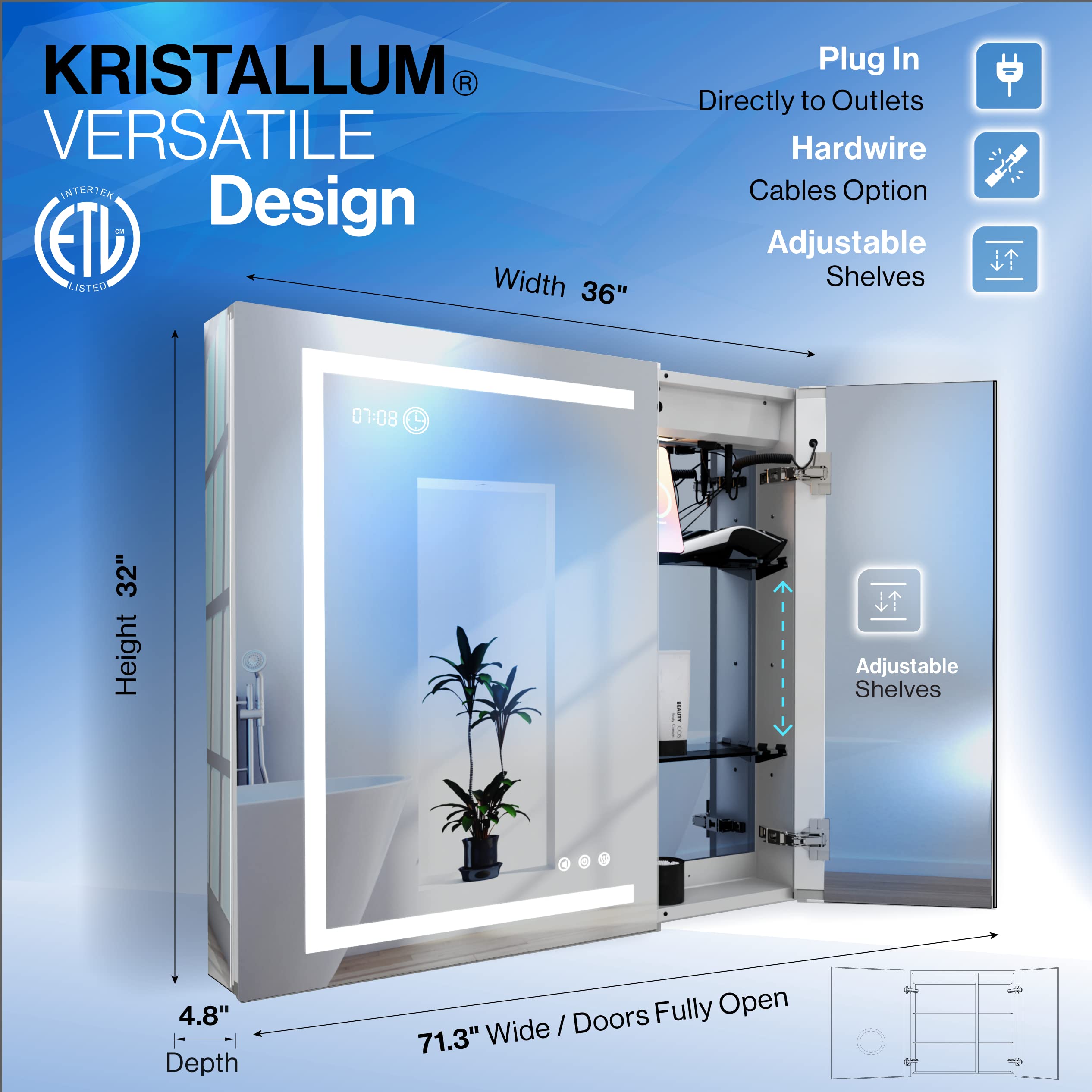 KRISTALLUM Bathroom Mirror 36x32 Surface or Recessed LED