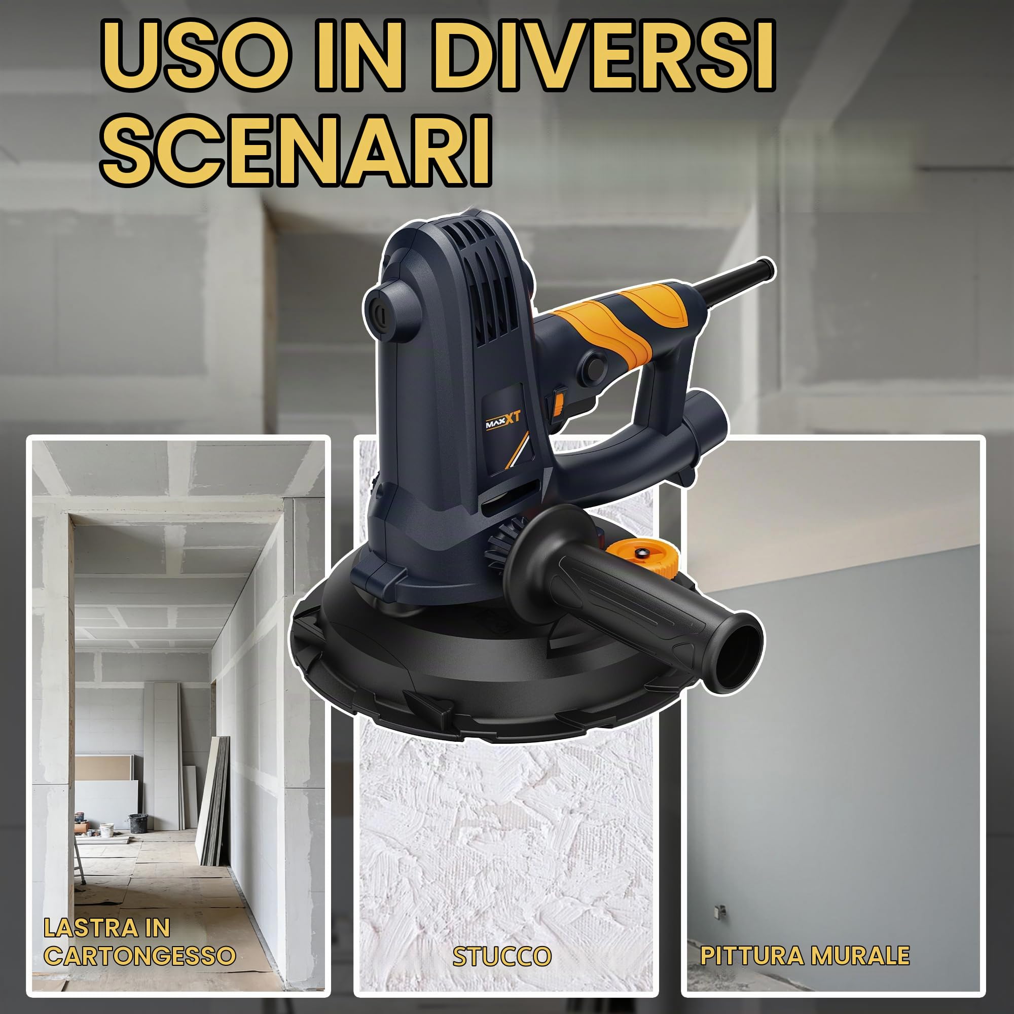 MAXXT Levigatrice manuale per cartongesso, 1500-2700 giri/min, velocità variabile, 750 W, levigatrice elettrica per pareti, aspirazione regolabile